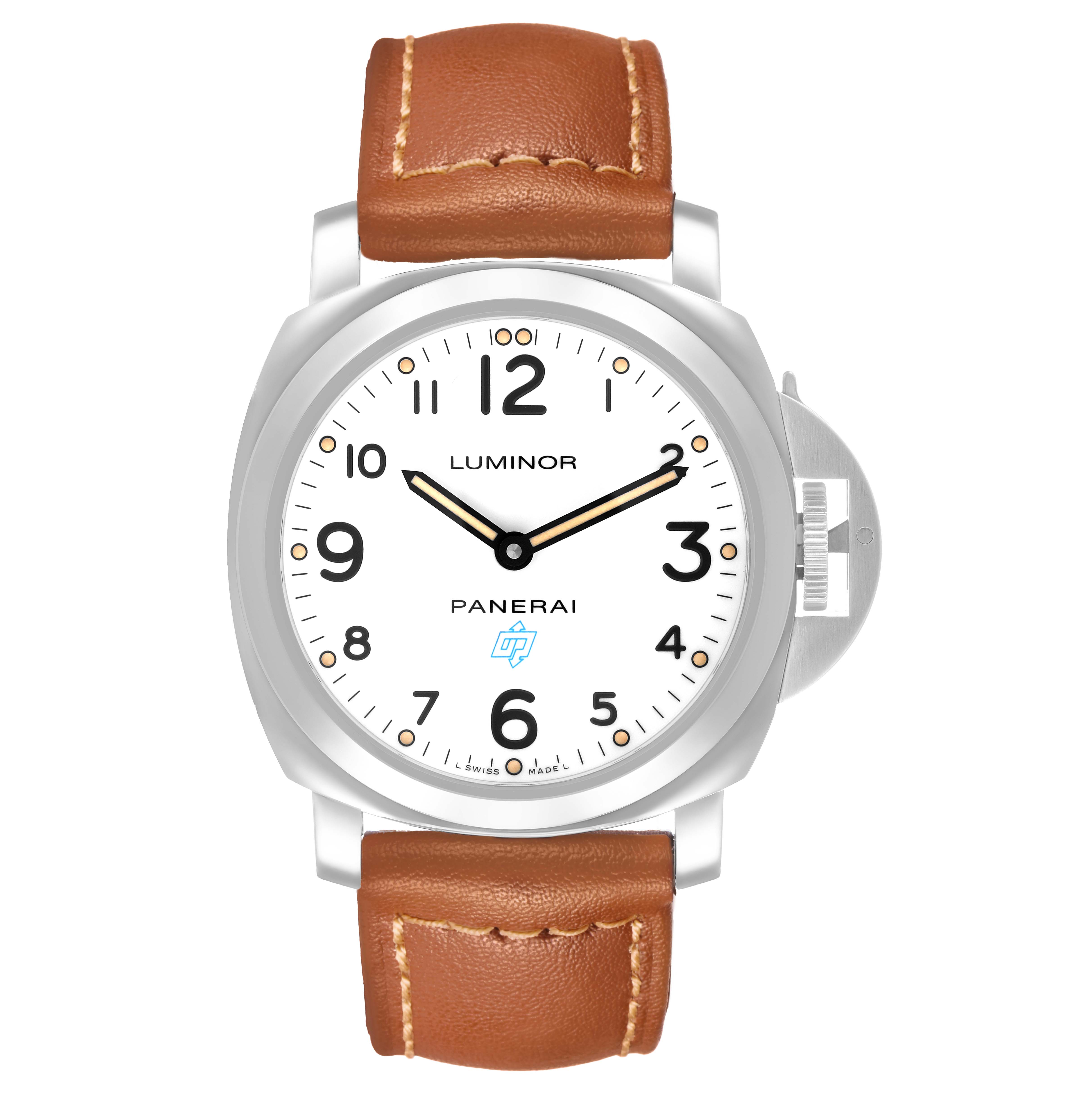 The Panerai Luminor PAM00630 Men's Stainless Steel White Dial watch is shown from the front, displaying the face, bezel, and brown leather strap.