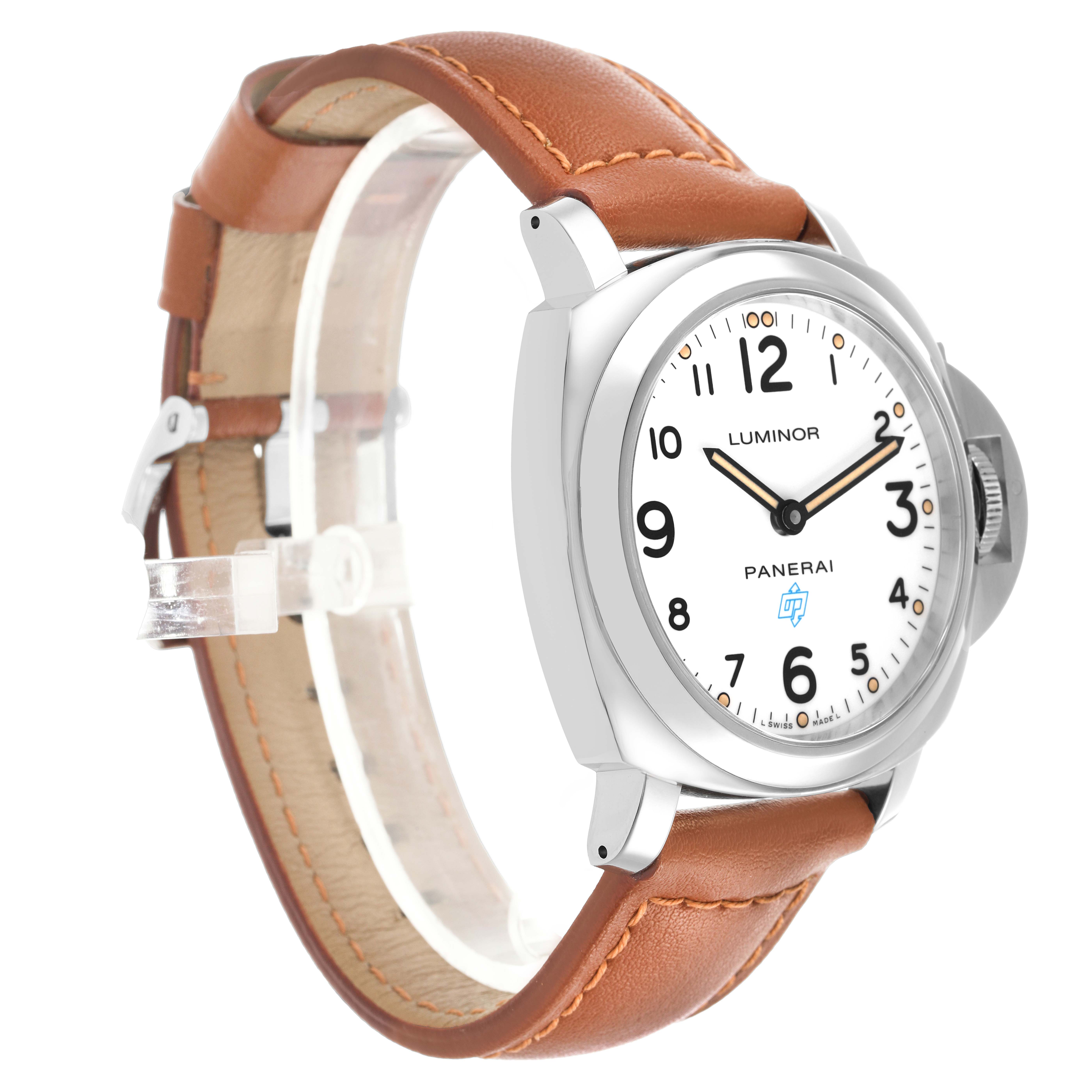 The Panerai Luminor PAM00630 Men's Stainless Steel White Dial watch is shown at a three-quarter angle, highlighting its face, crown guard, and brown leather strap.