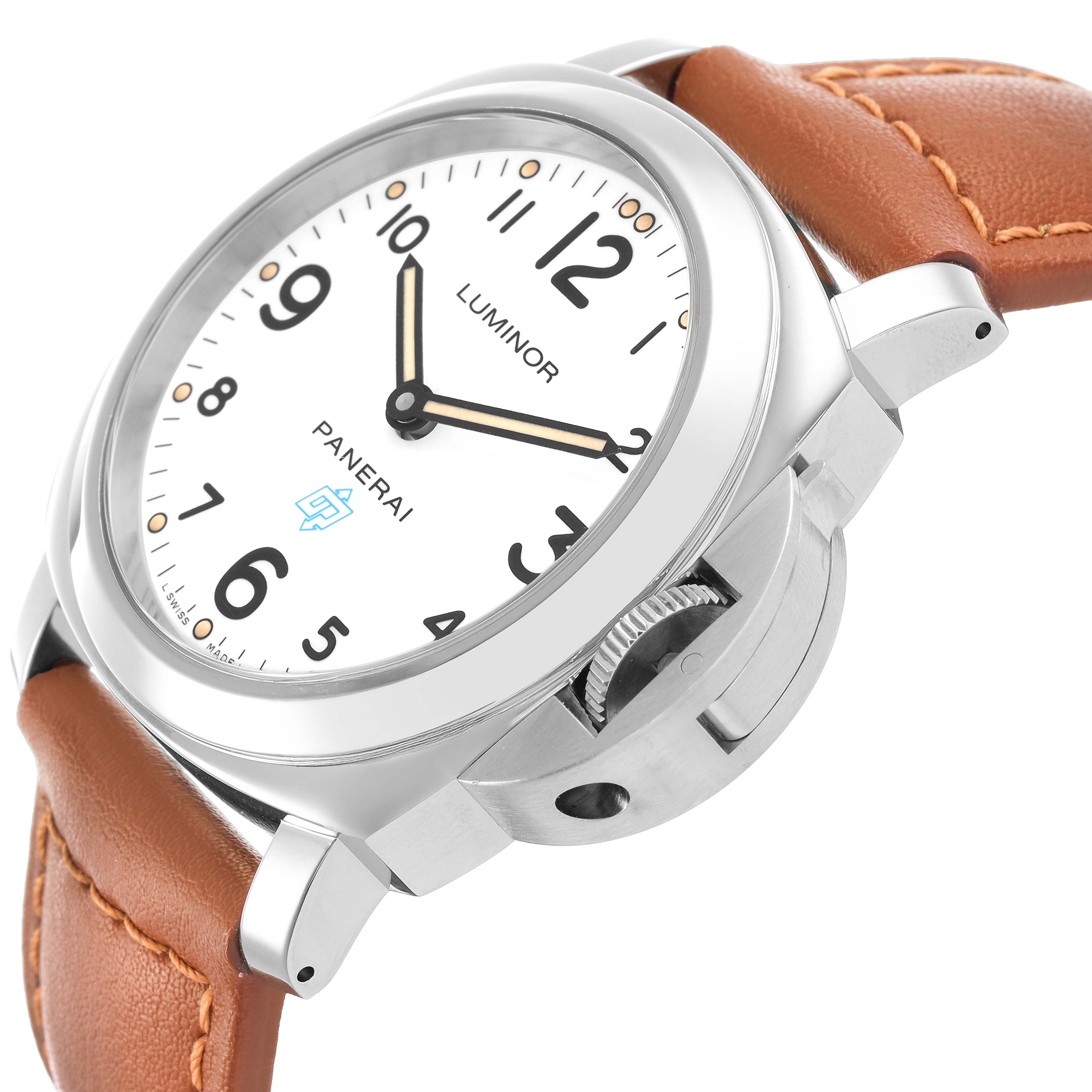 The Panerai Luminor PAM00630 Men's Stainless Steel White Dial watch is shown at a slight angle, highlighting the face, crown guard, and brown leather strap.