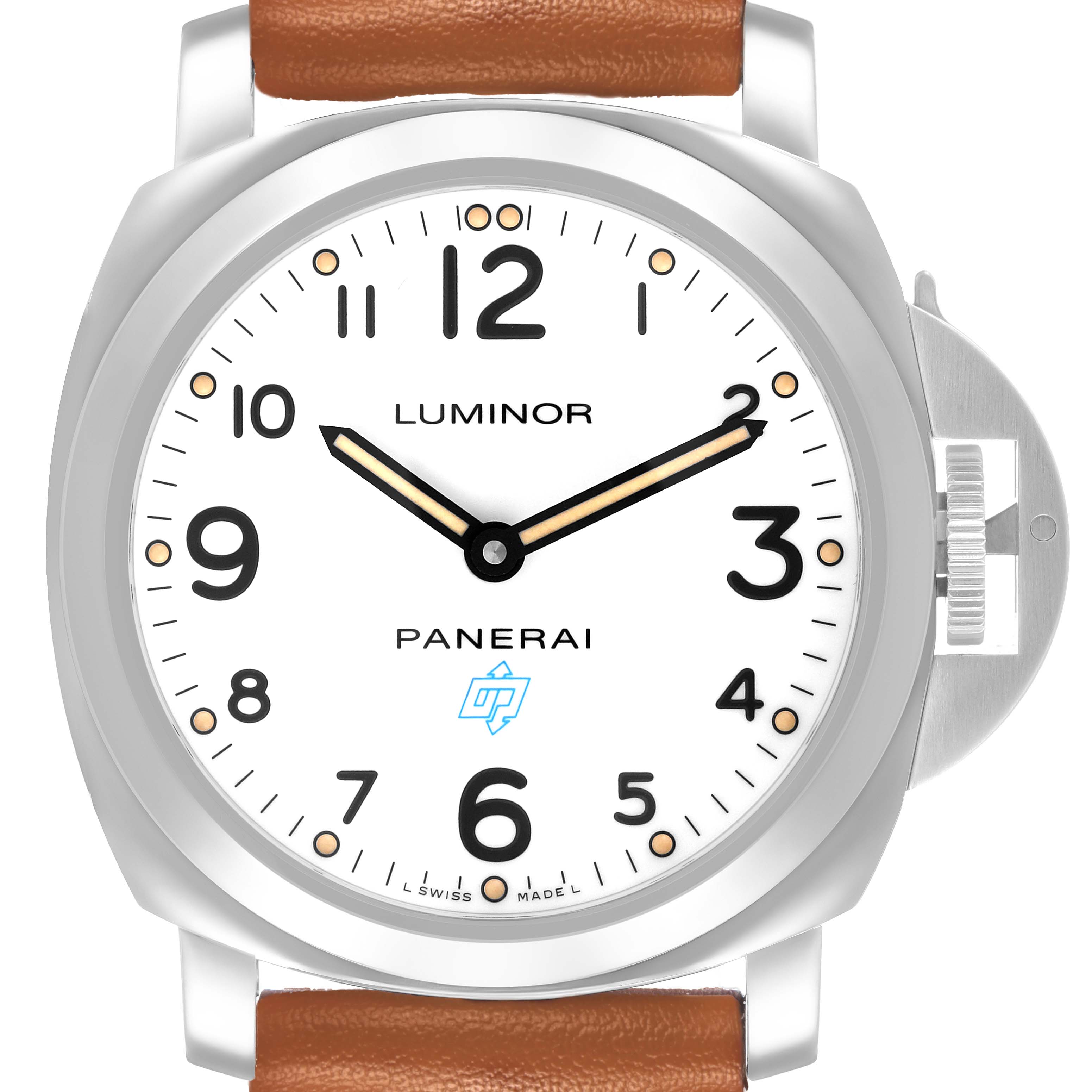 The Panerai Luminor PAM00630 Men's Stainless Steel White Dial watch is shown from a front angle, highlighting the dial, hands, case, and crown guard.