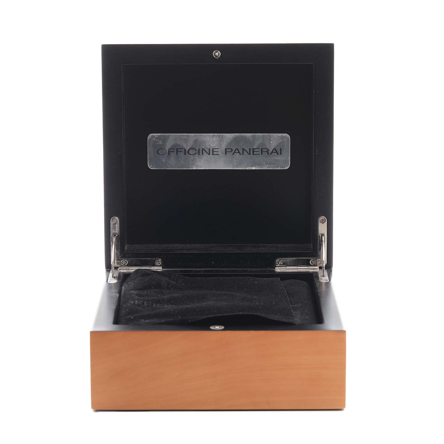 The image shows an open wooden box for a Panerai Luminor PAM00630 Men's Stainless Steel White Dial watch, with “Officine Panerai” on the inside lid.