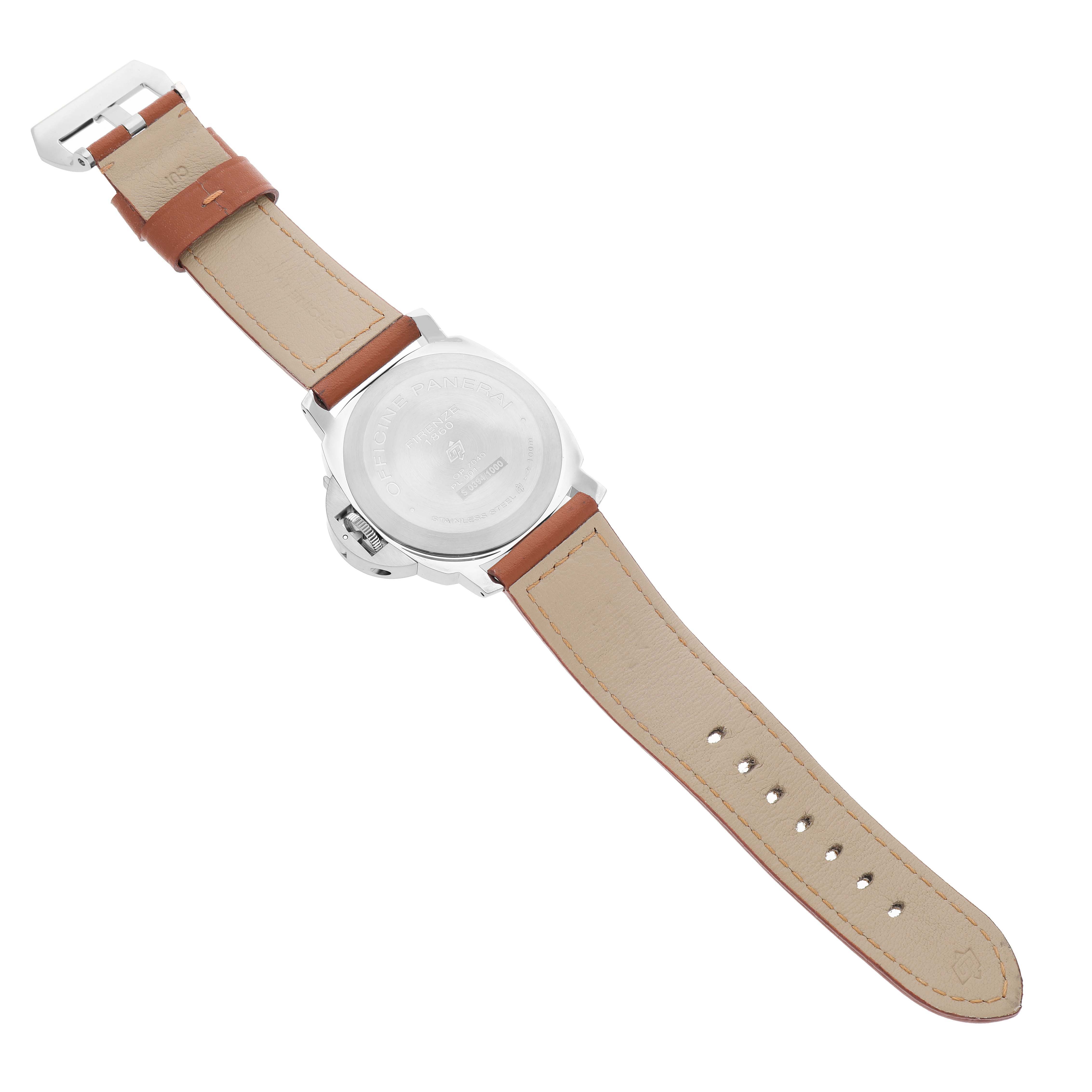 The image shows the back view of a Panerai Luminor PAM00630 Men's Stainless Steel White Dial watch, highlighting the case back and tan leather strap.