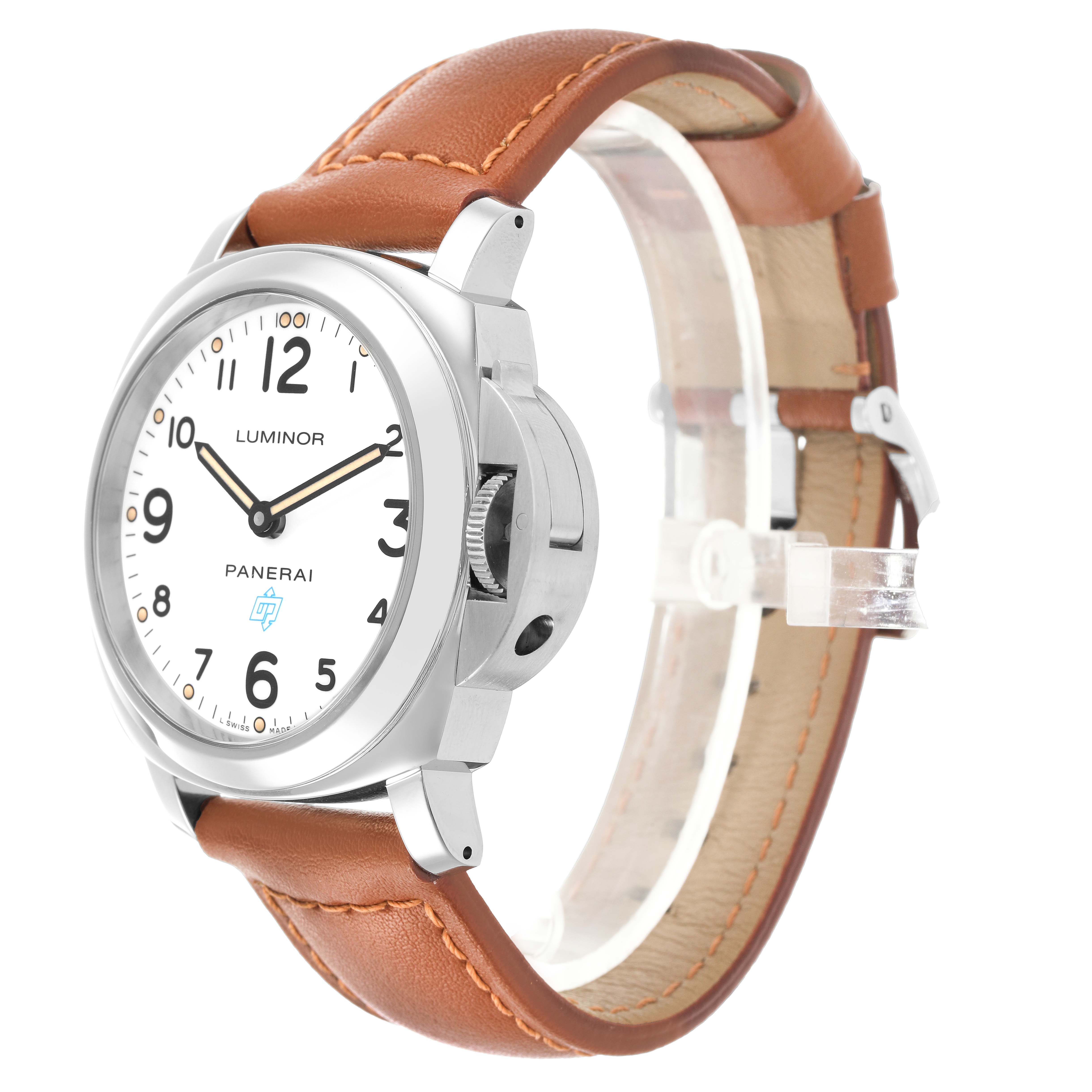 The Panerai Luminor PAM00630 Men's Stainless Steel White Dial watch is shown at an angled side view, highlighting the case, crown guard, dial, and brown leather strap.