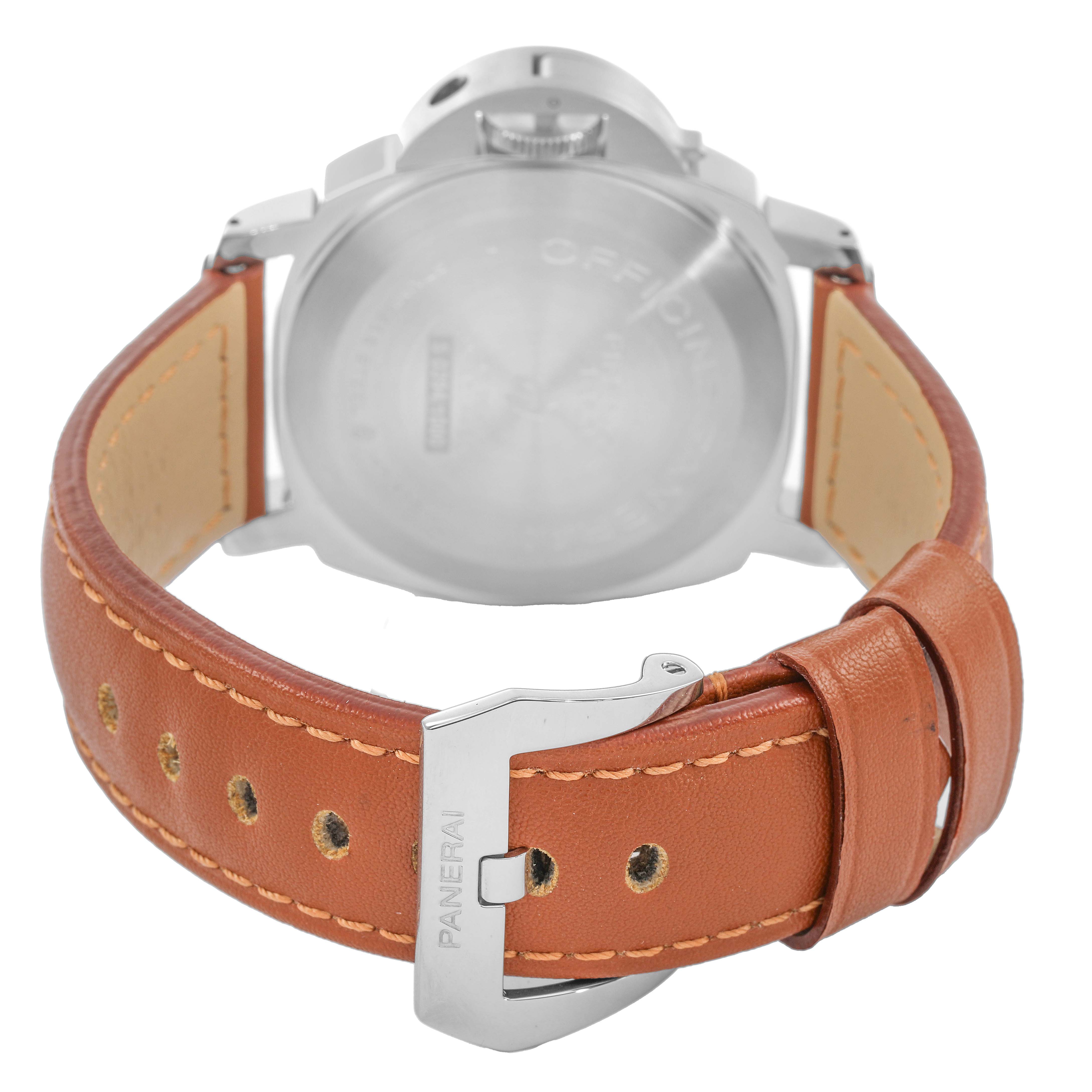 The image shows the back of a Panerai Luminor PAM00630 Men's Stainless Steel White Dial watch, highlighting the leather strap and buckle engraved with "PANERAI."