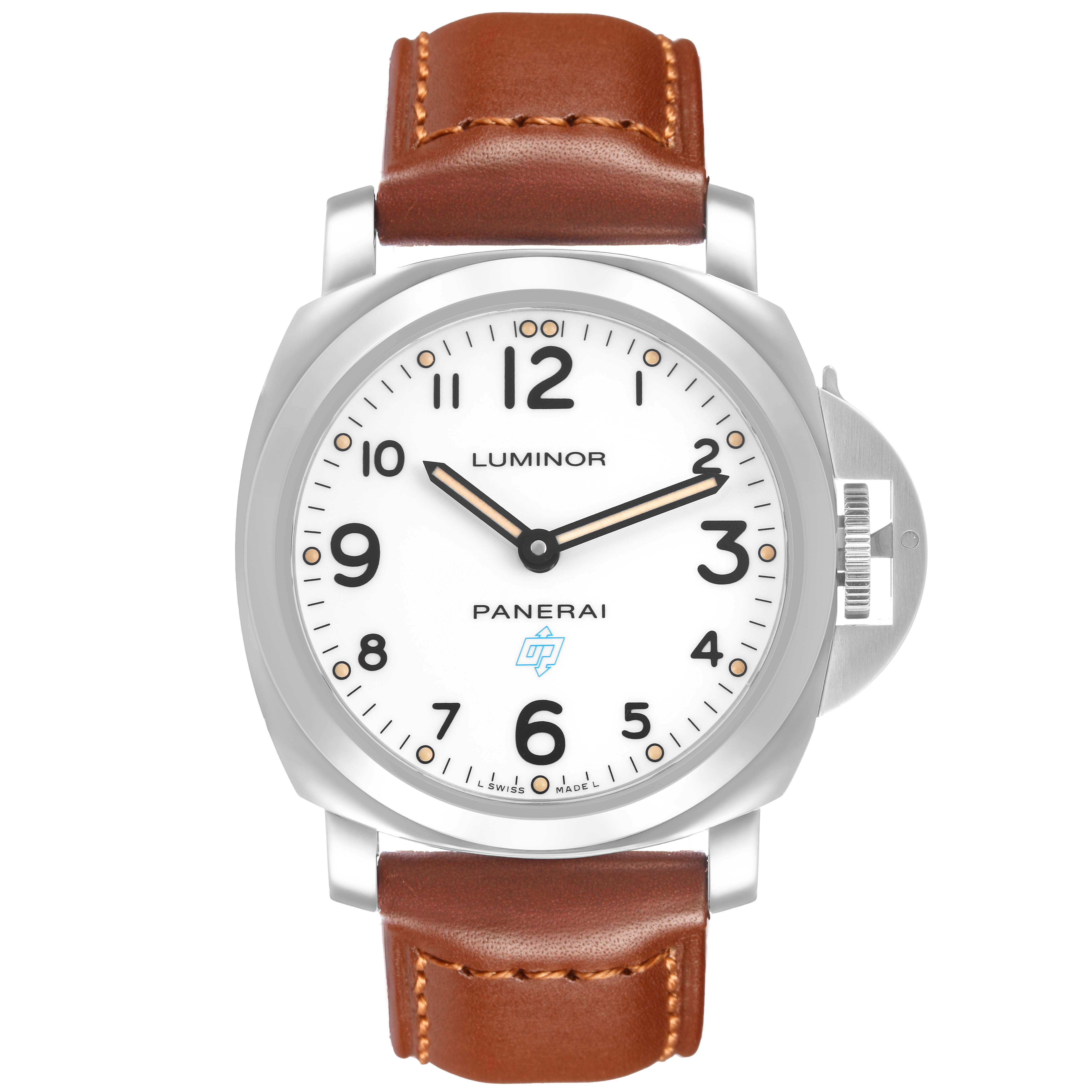The Panerai Luminor PAM00630 Men's Stainless Steel White Dial watch is shown from the front, highlighting its white dial, brown leather strap, and crown protection device.