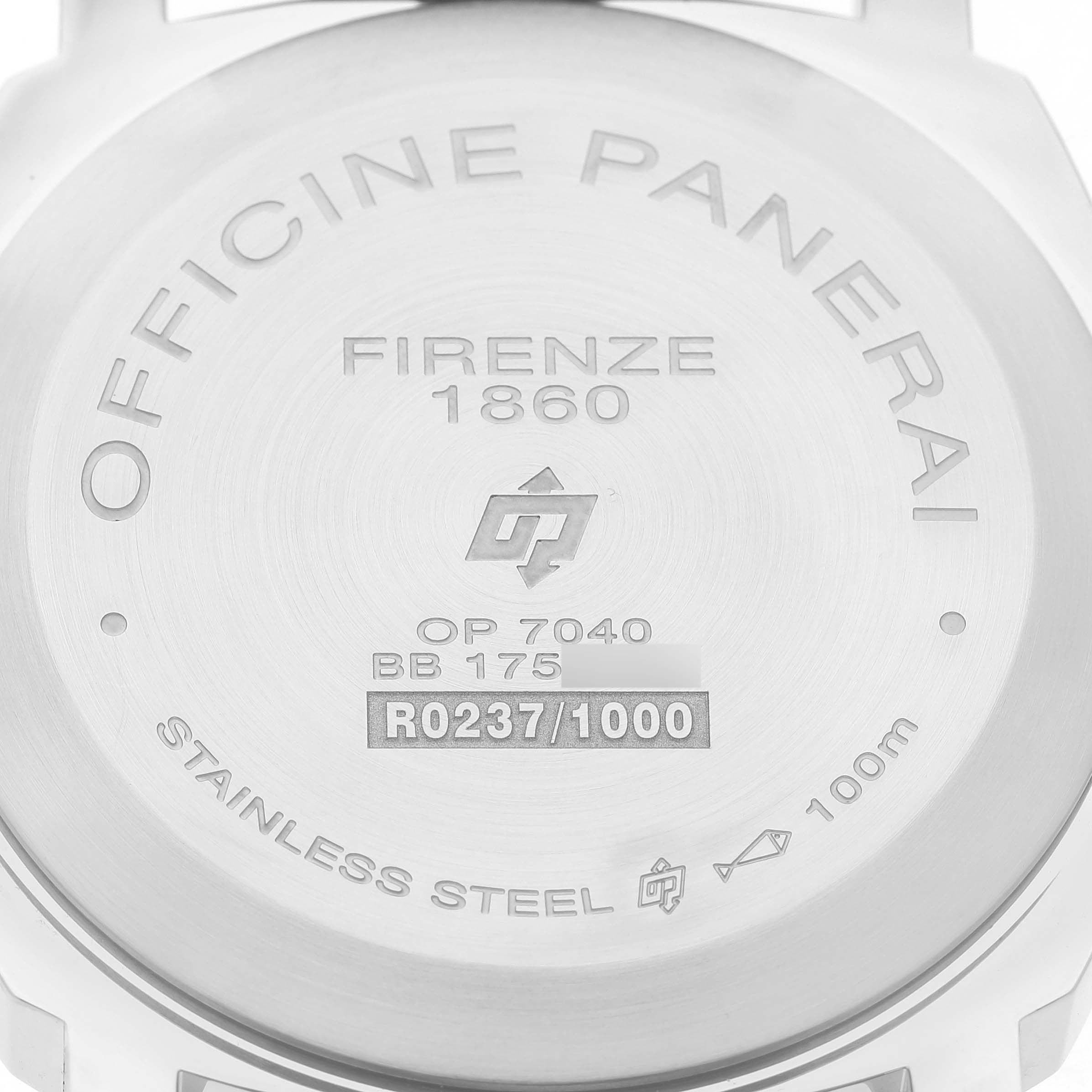 The image shows the back case of a Panerai Luminor PAM00630 Men's Stainless Steel White Dial watch, displaying engravings with model details.