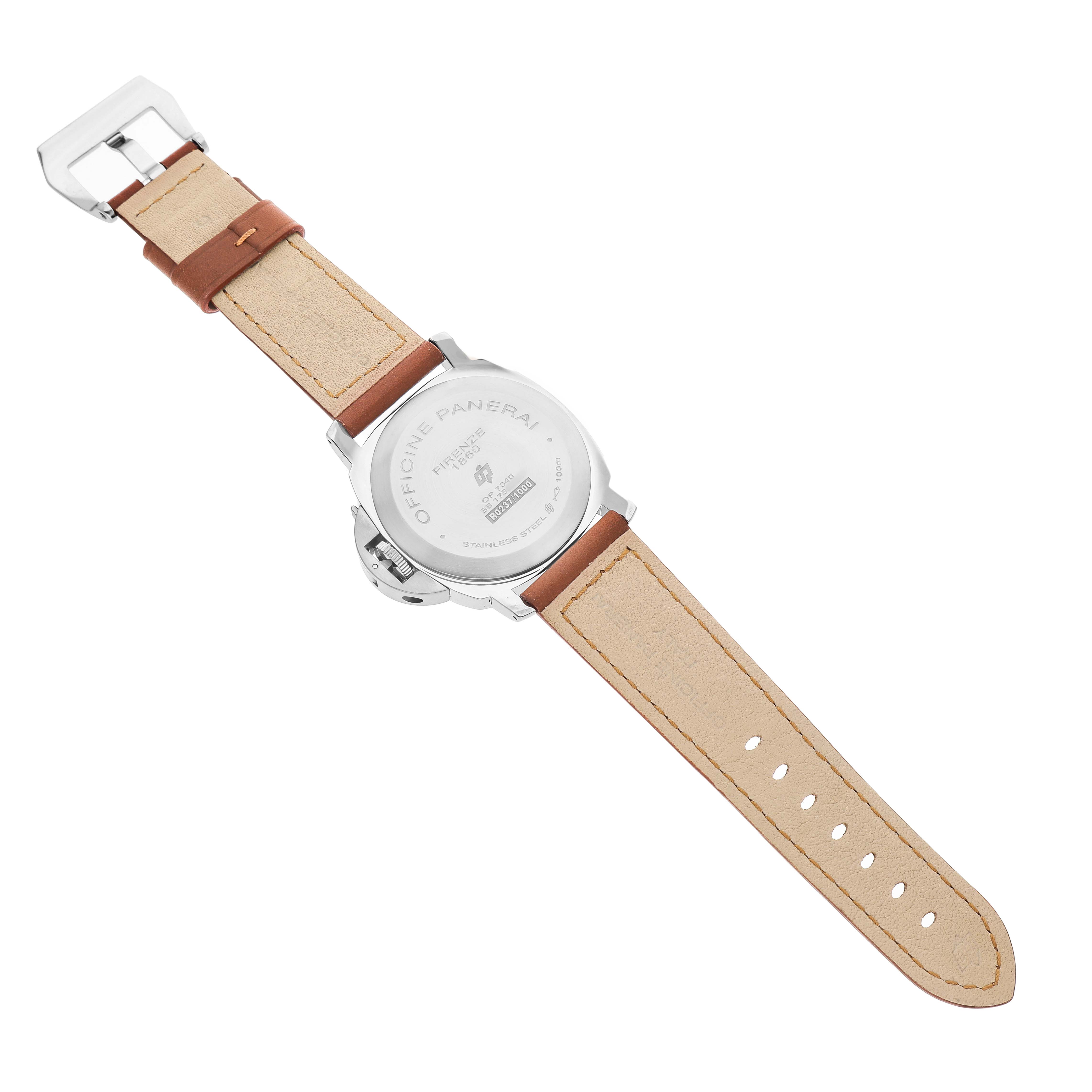 The image shows the backside of a Panerai Luminor PAM00630 Men's Stainless Steel White Dial watch, highlighting the case back and strap.