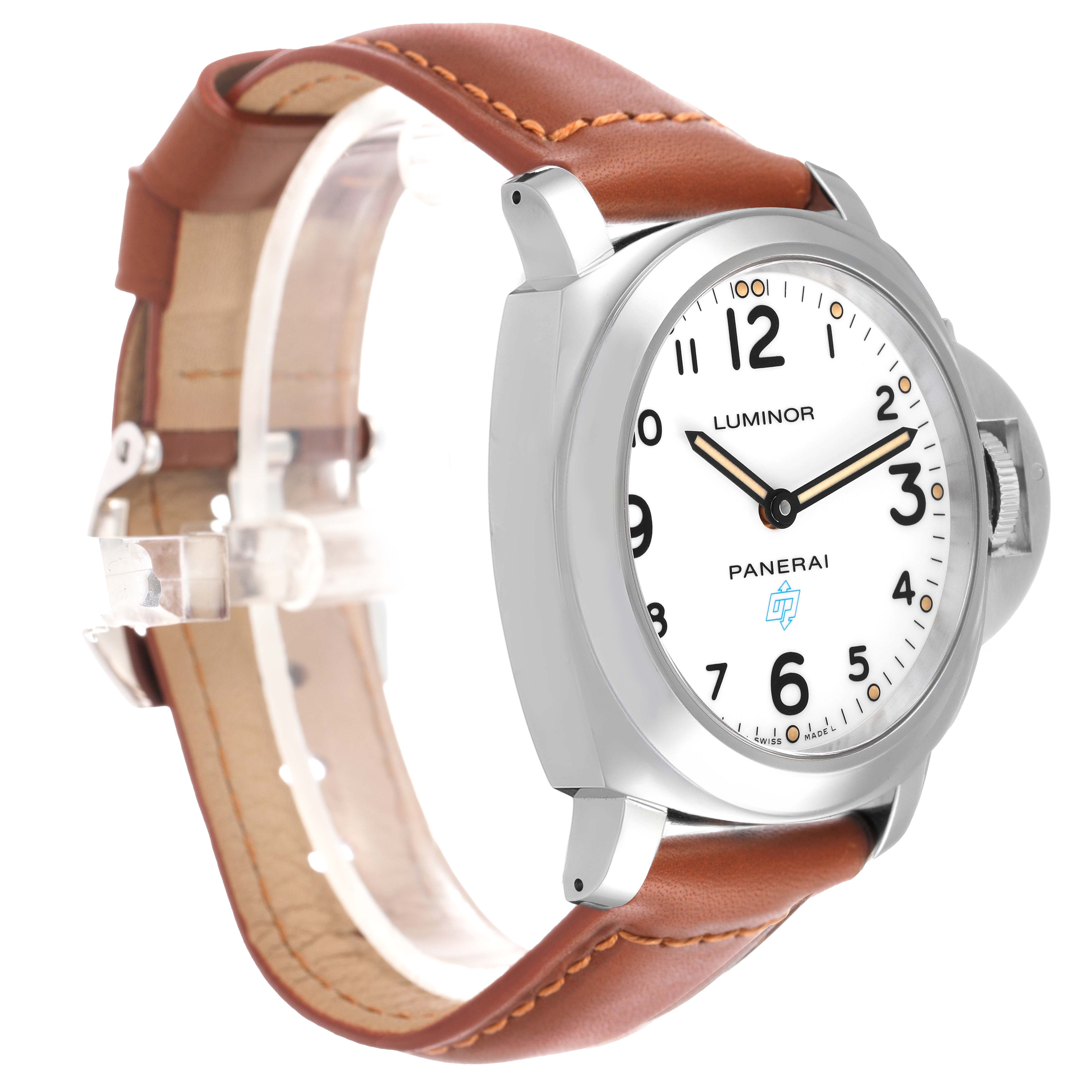 The Panerai Luminor PAM00630 Men's Stainless Steel White Dial watch is shown from a three-quarter angle, highlighting the dial, crown, and brown leather strap.