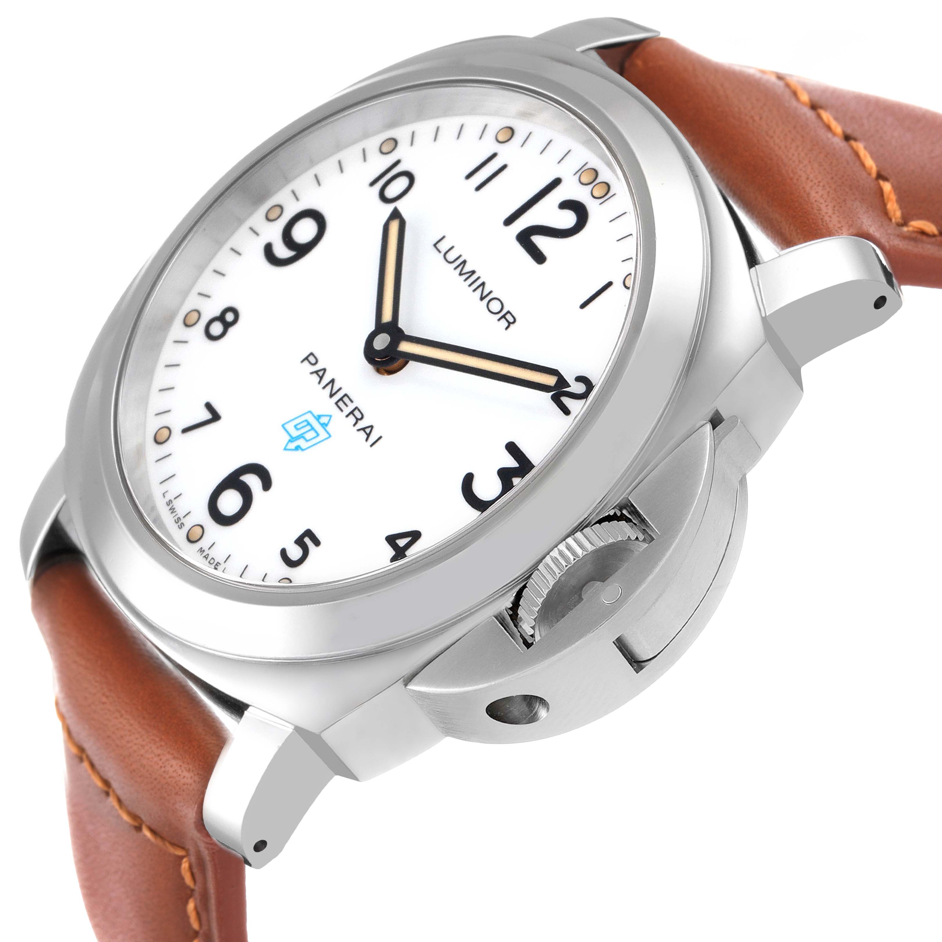 The Panerai Luminor PAM00630 Men's Stainless Steel White Dial watch is shown at an angled view, highlighting the face, crown guard, and brown leather strap.