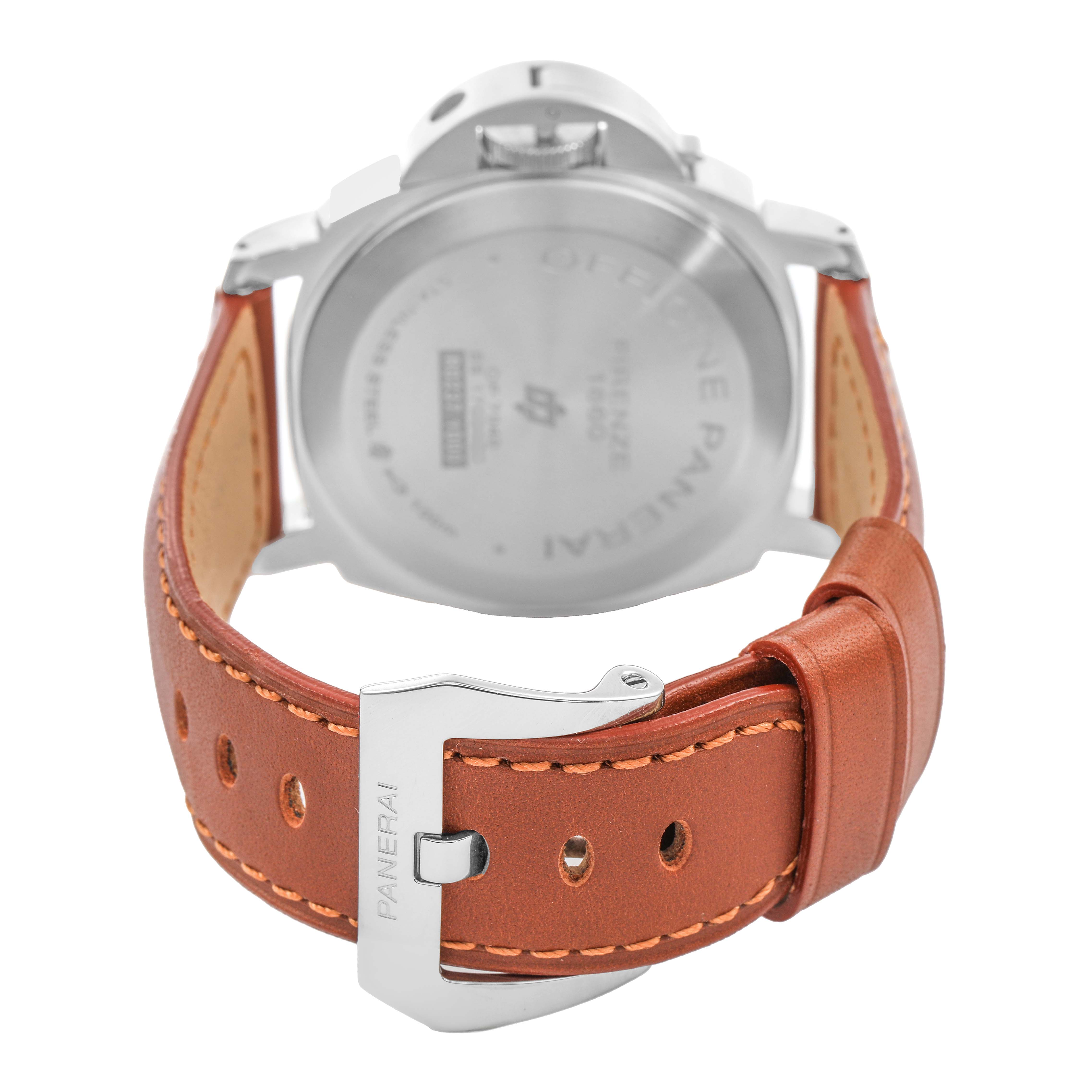 The image shows a rear view of the Panerai Luminor PAM00630 Men's Stainless Steel White Dial watch, highlighting the case back, leather strap, and clasp.