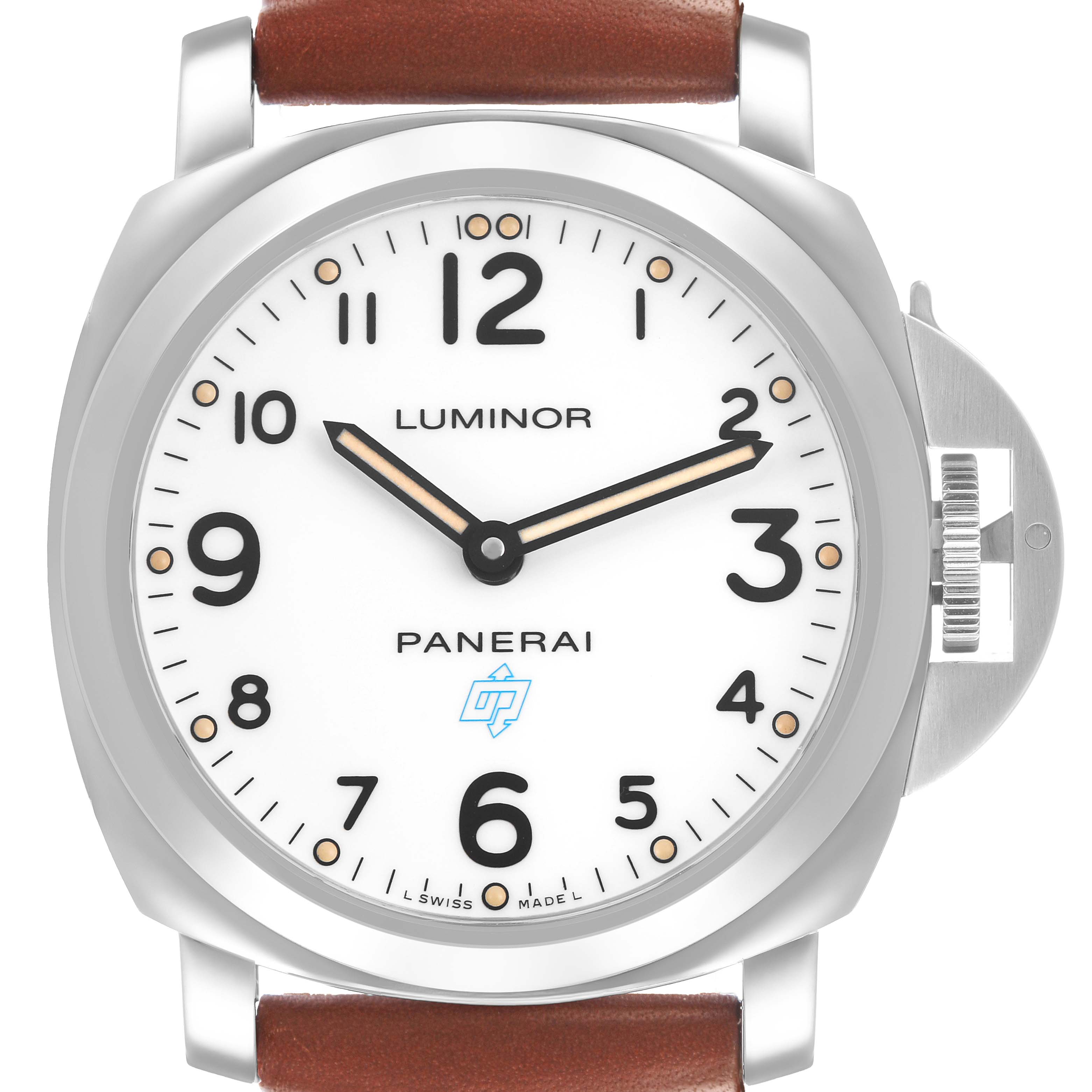 The image shows a front view of a Panerai Luminor PAM00630 Men's Stainless Steel White Dial watch, displaying the dial, crown guard, and part of the leather strap.