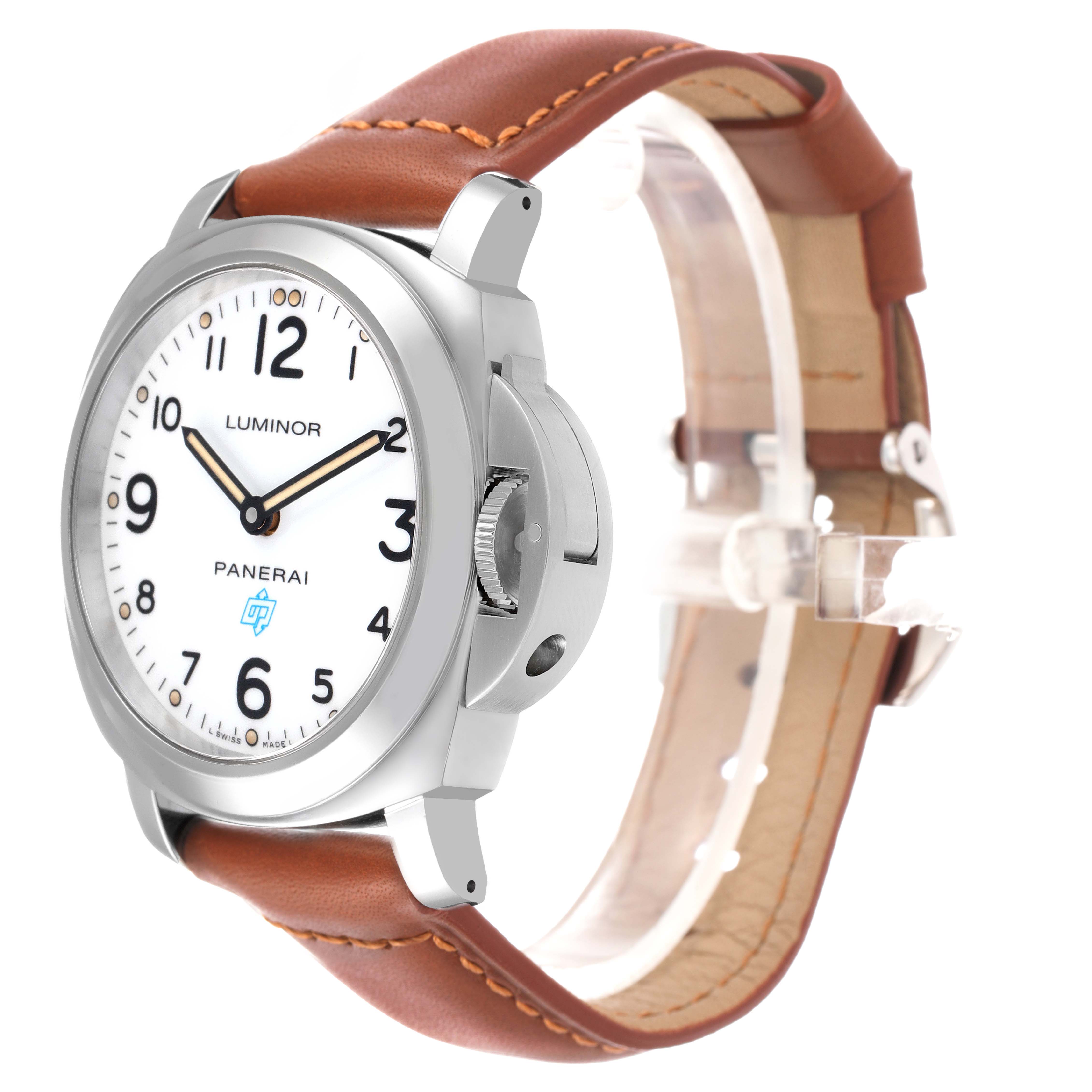 The Panerai Luminor PAM00630 Men's Stainless Steel White Dial watch is shown at an angled, front-right view, highlighting its case, crown guard, and leather strap.