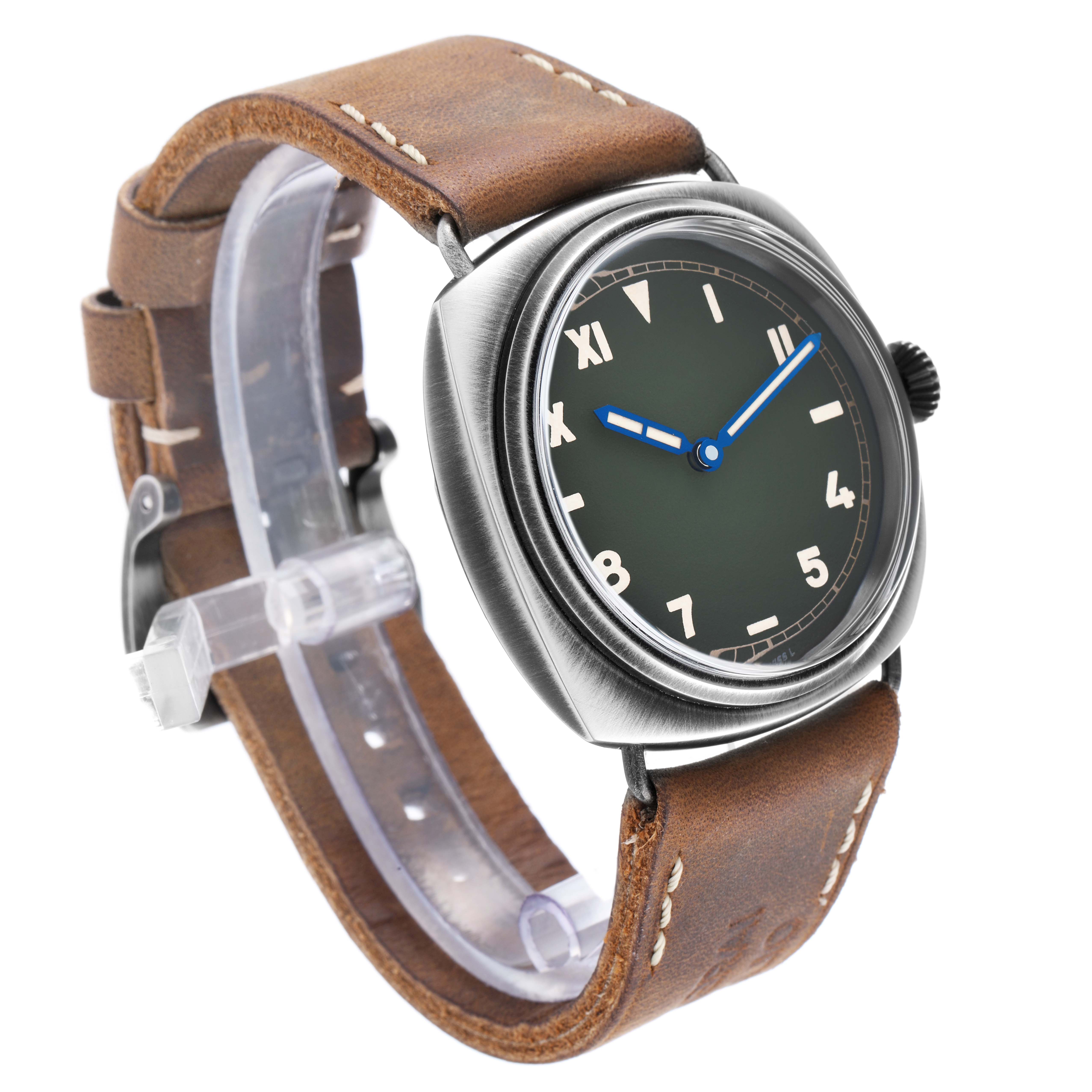 The Panerai Radiomir PAM01349 Men's Stainless Steel Green Dial watch is shown at an angled side view, highlighting the dial, hands, and brown leather strap.