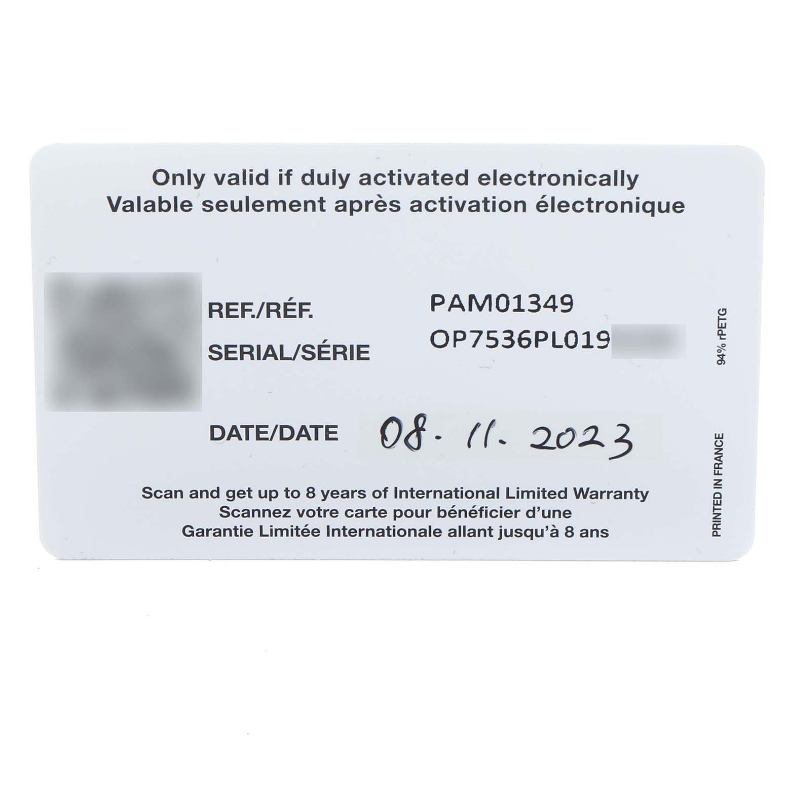 The image shows a warranty card for a Panerai Radiomir PAM01349 Men's Stainless Steel Green Dial watch with reference and serial numbers visible.