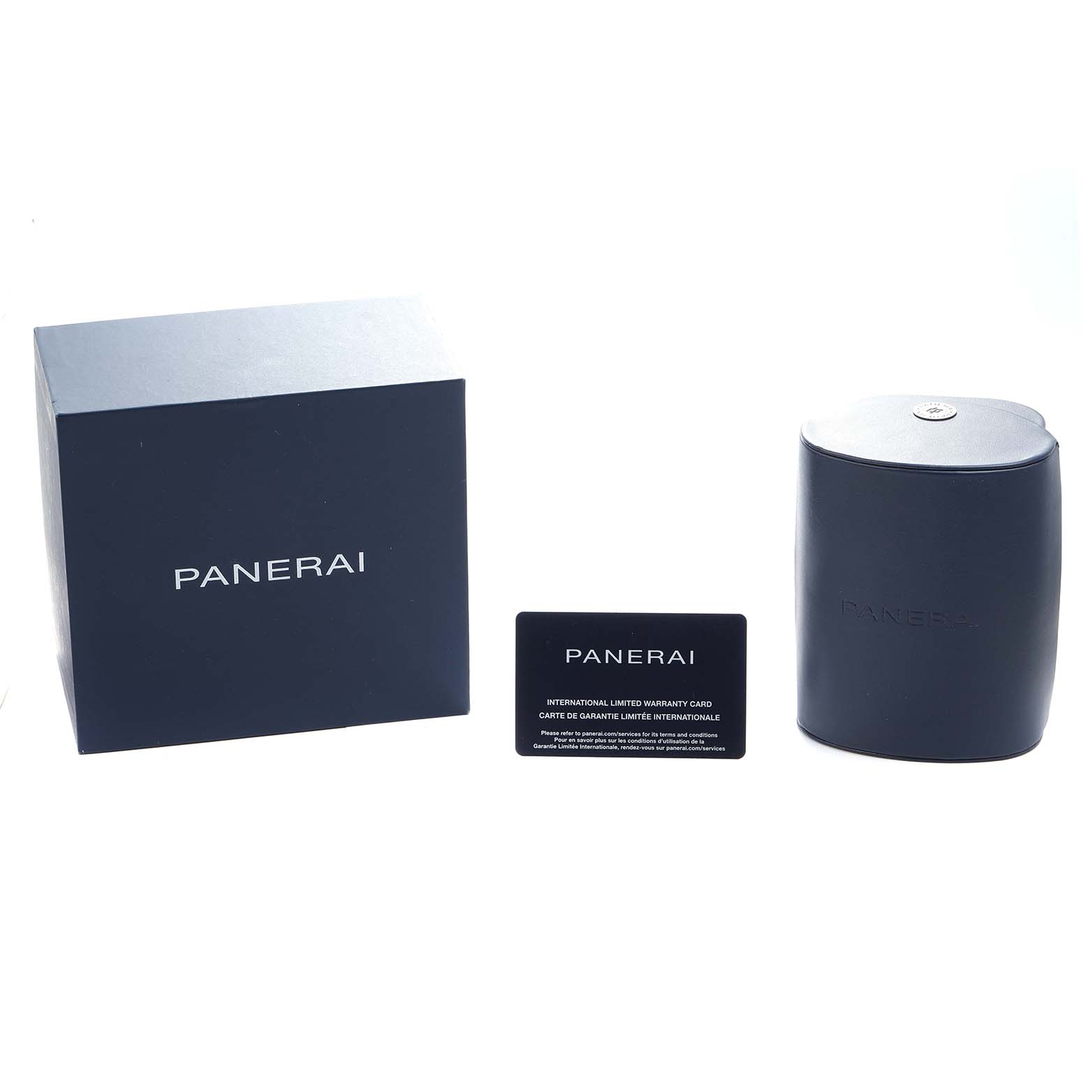 The image shows Panerai Radiomir PAM01349 Men's Stainless Steel Green Dial packaging with a box, a leather case, and a warranty card from a front angle.