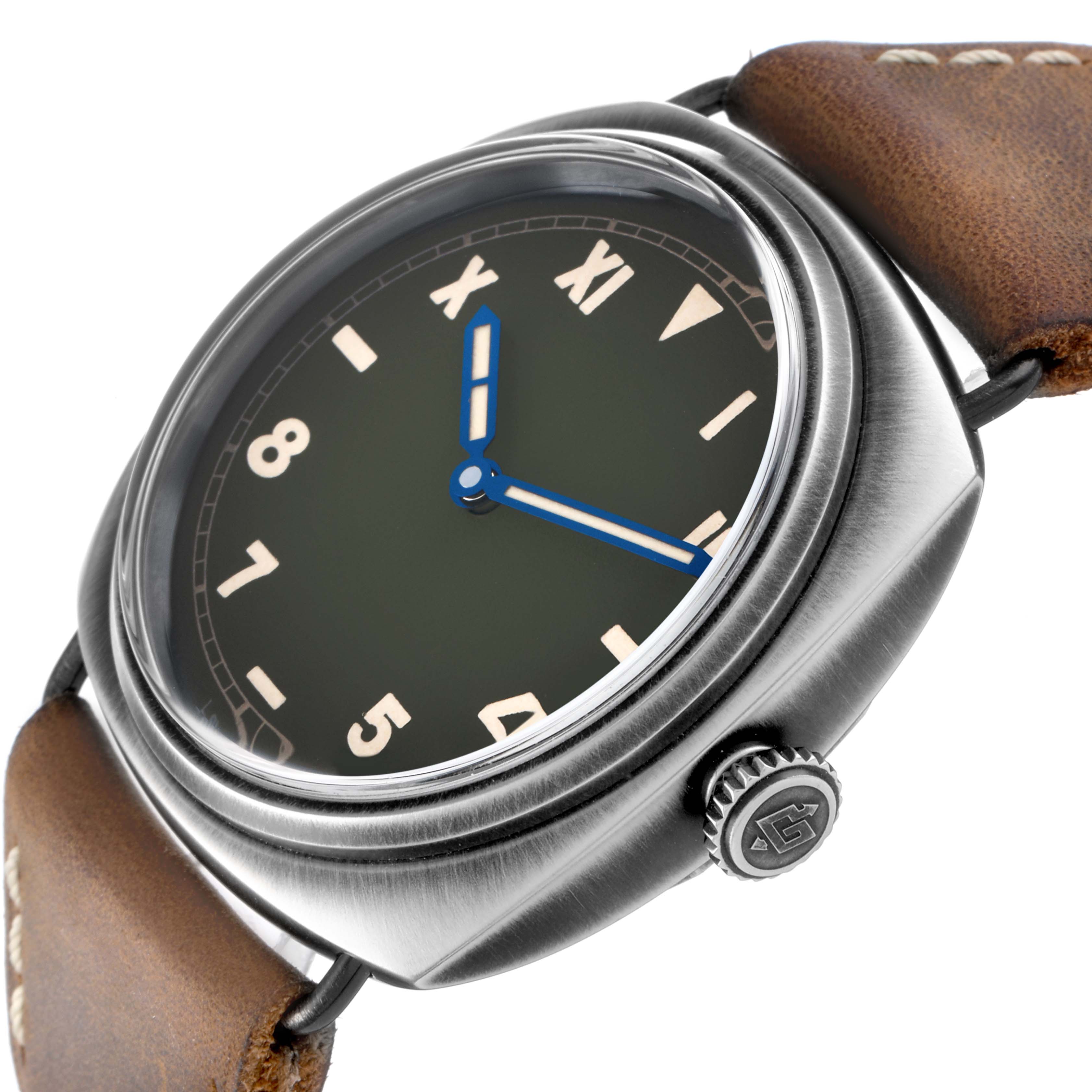 The Panerai Radiomir PAM01349 Men's Stainless Steel Green Dial watch is shown at a side angle, highlighting the dial, crown, and leather strap.