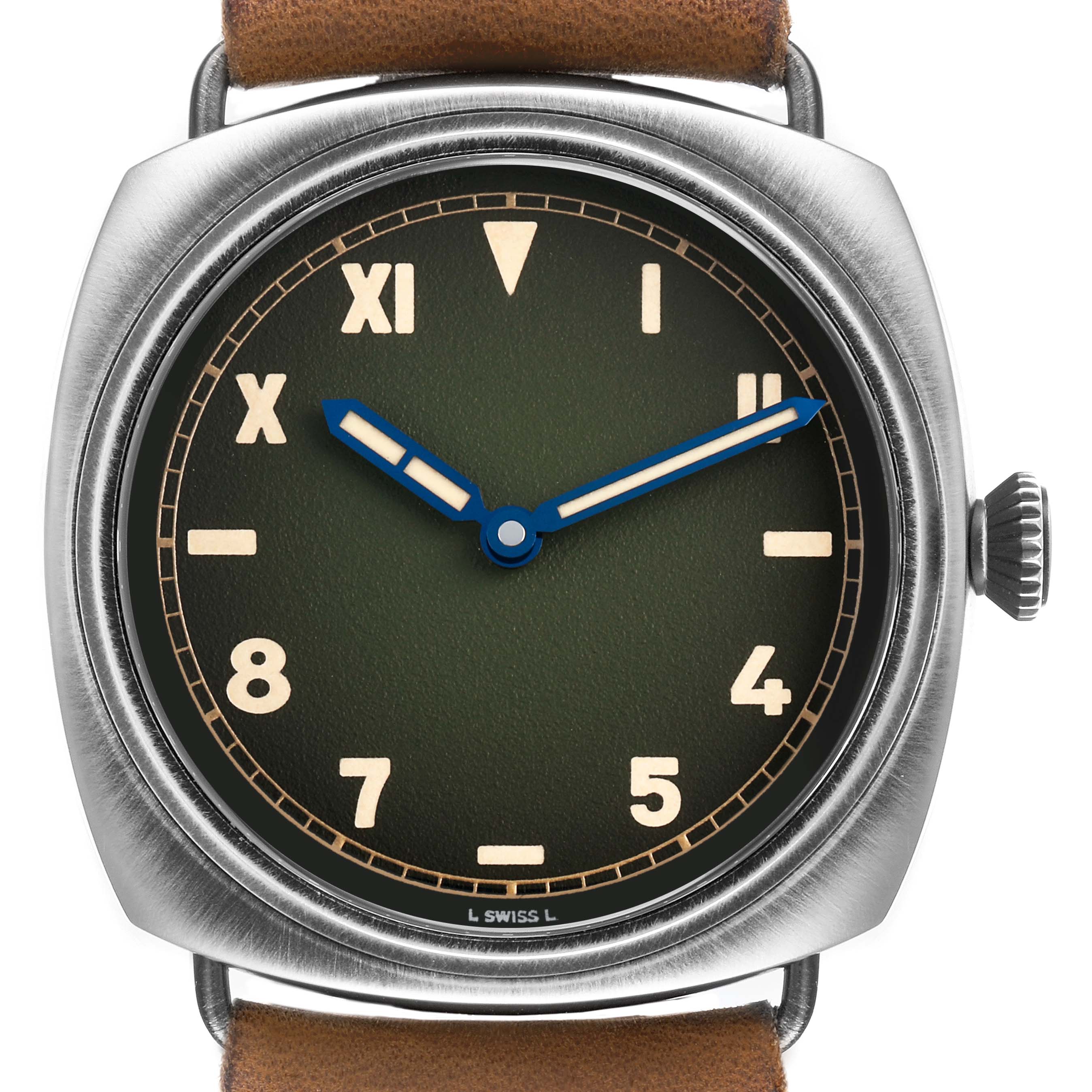 The Panerai Radiomir PAM01349 Men's Stainless Steel Green Dial watch is shown from a front angle, highlighting its dial, hands, bezel, and crown.