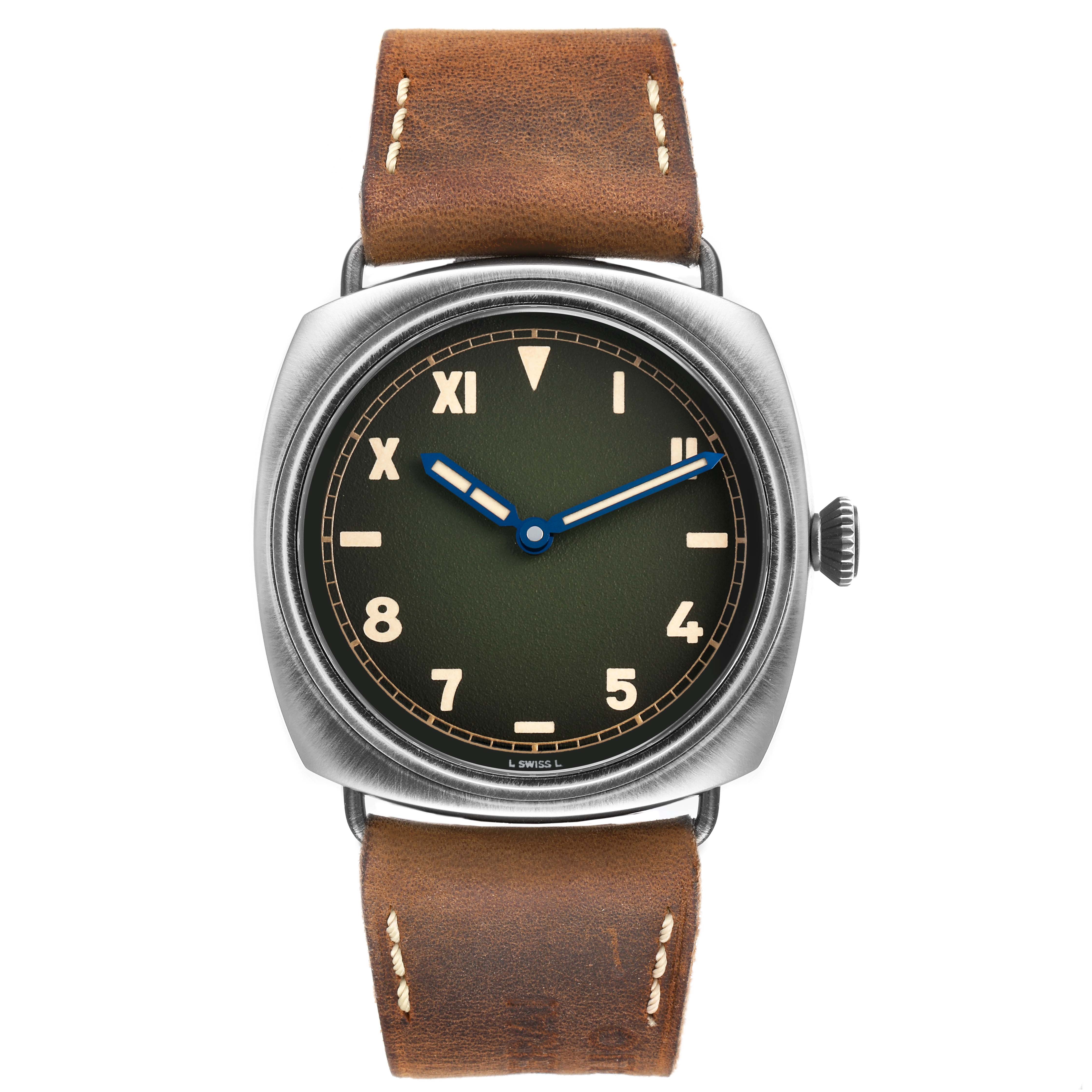 The Panerai Radiomir PAM01349 Men's Stainless Steel Green Dial watch is shown from the front, displaying the face, case, crown, and brown leather strap.