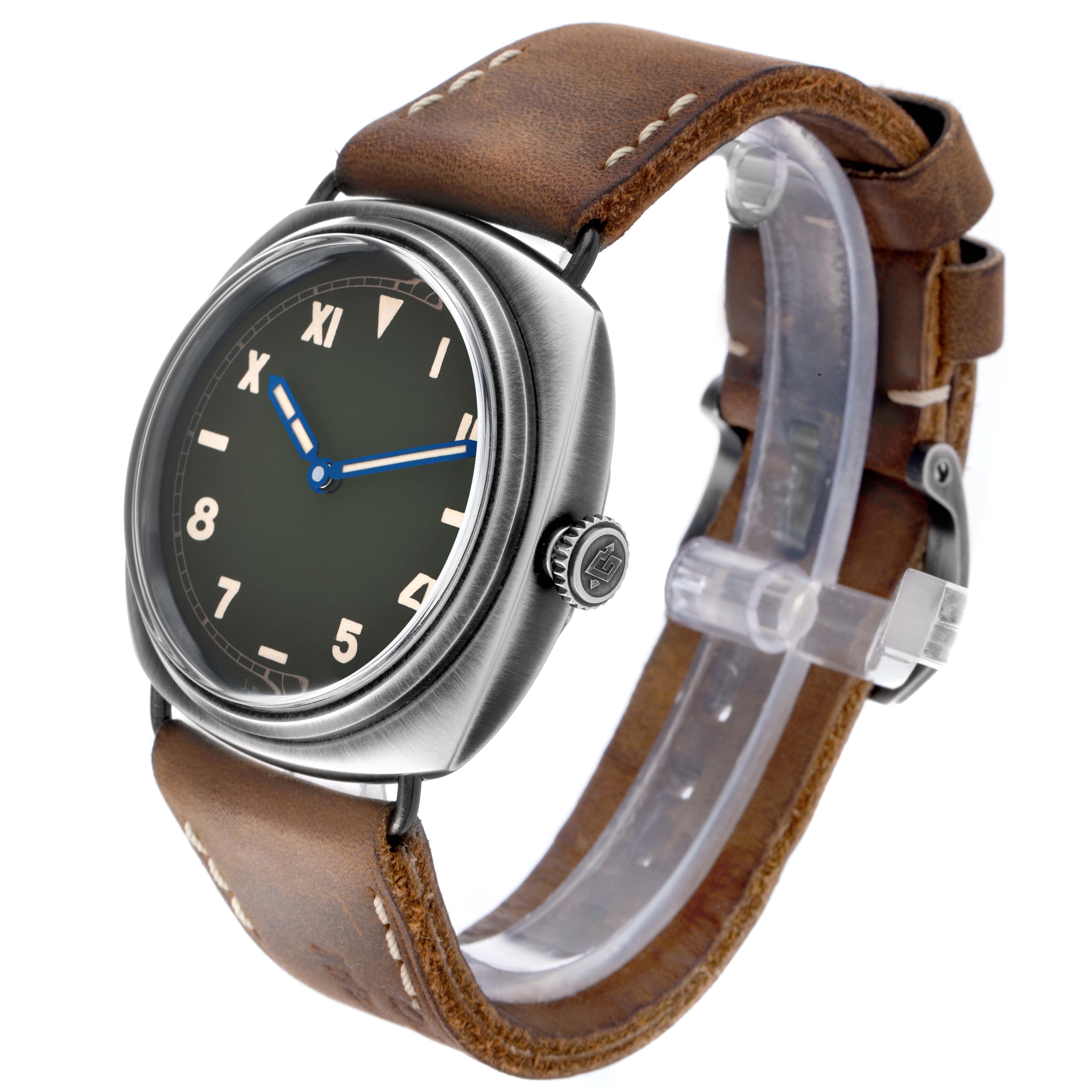 The Panerai Radiomir PAM01349 Men's Stainless Steel Green Dial watch is shown at a three-quarter angle, displaying the face, crown, and brown leather strap.
