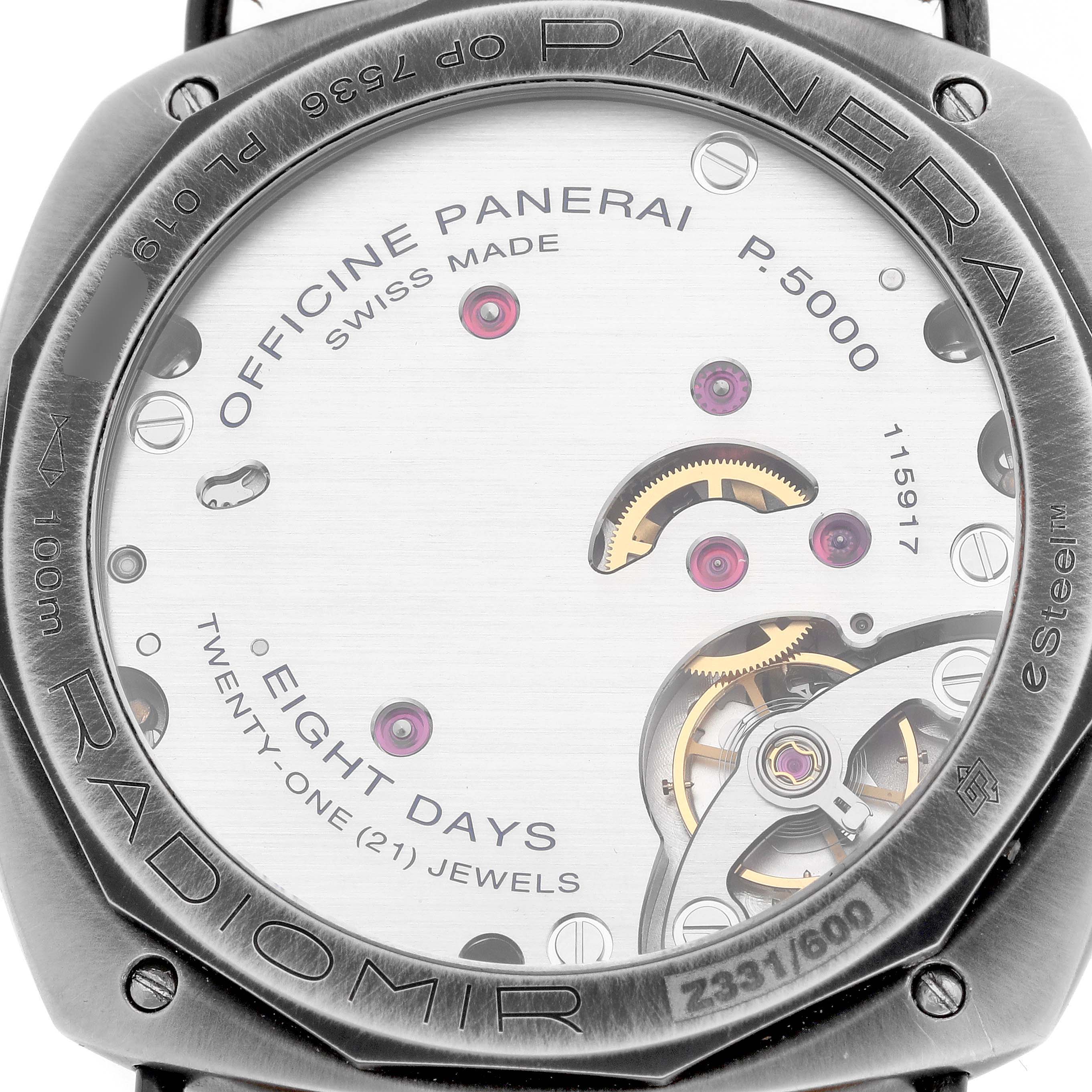 The image shows the back of a Panerai Radiomir PAM01349 Men's Stainless Steel Green Dial watch, highlighting the movement and engravings on the case back.
