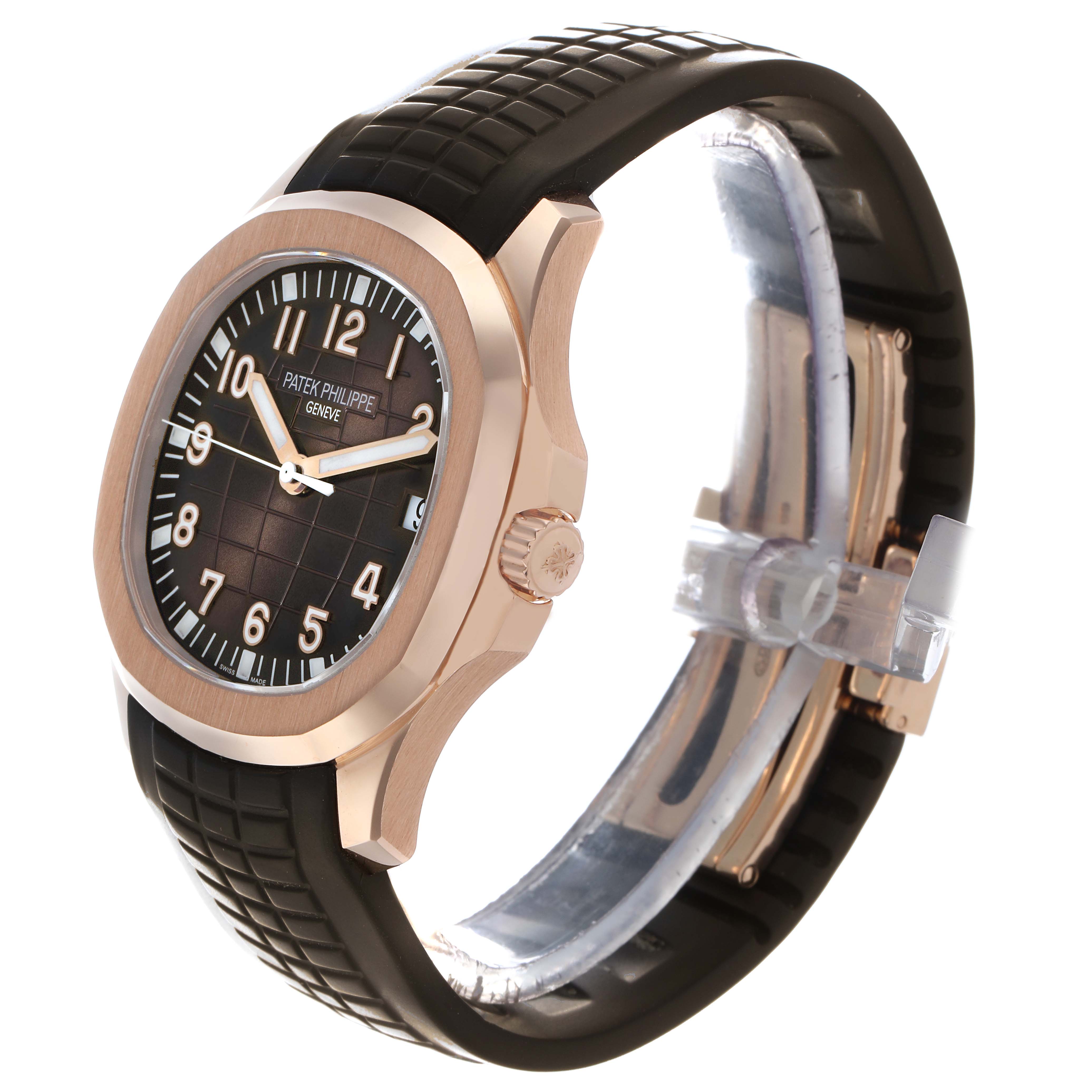 The Patek Philippe Aquanaut 5167R Men
s Rose Gold Brown Dial watch is shown at a side angle, highlighting the dial, crown, case, and strap.