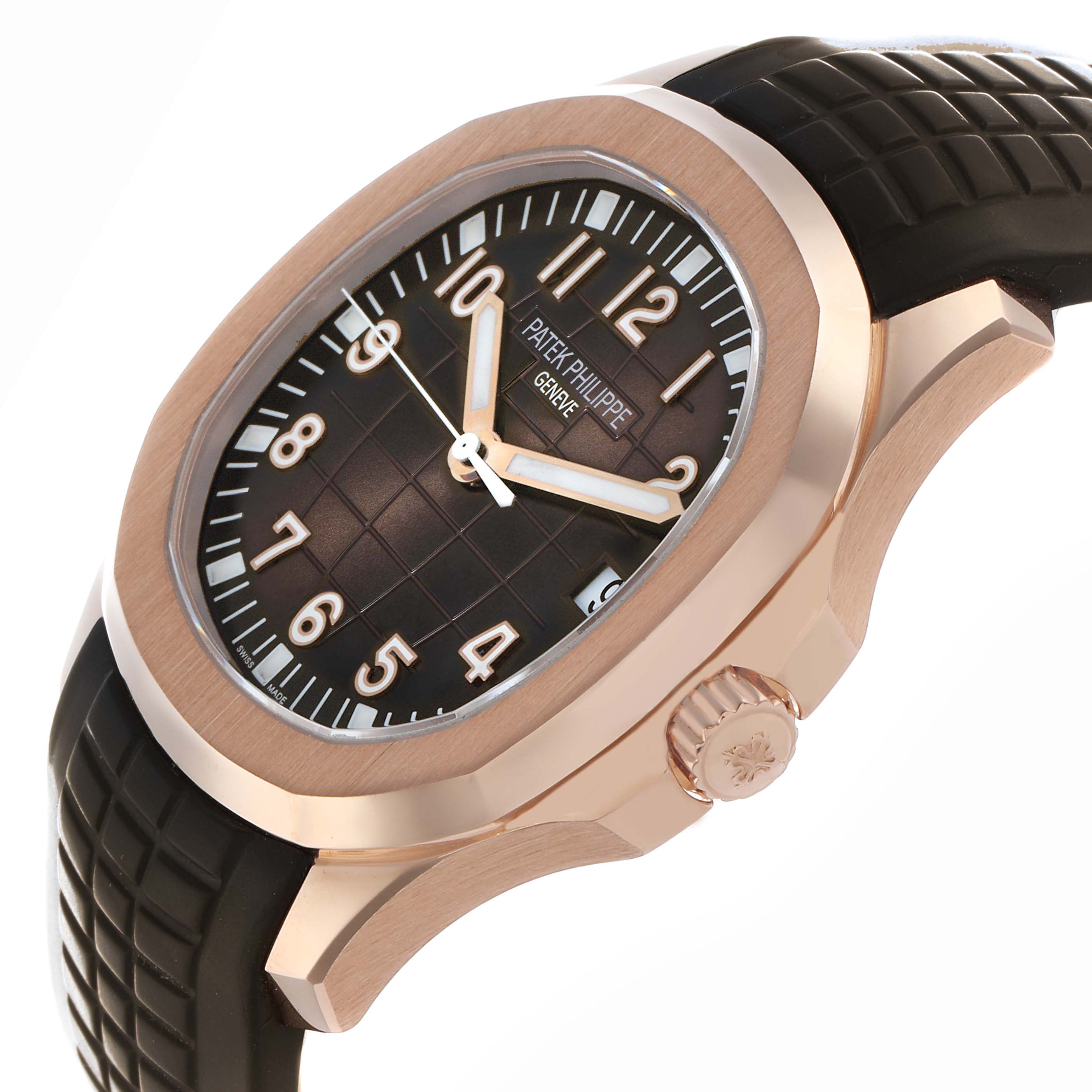 The Patek Philippe Aquanaut 5167R Men
s Rose Gold Brown Dial watch is shown at a three-quarter angle, highlighting the case, dial, crown, and strap.