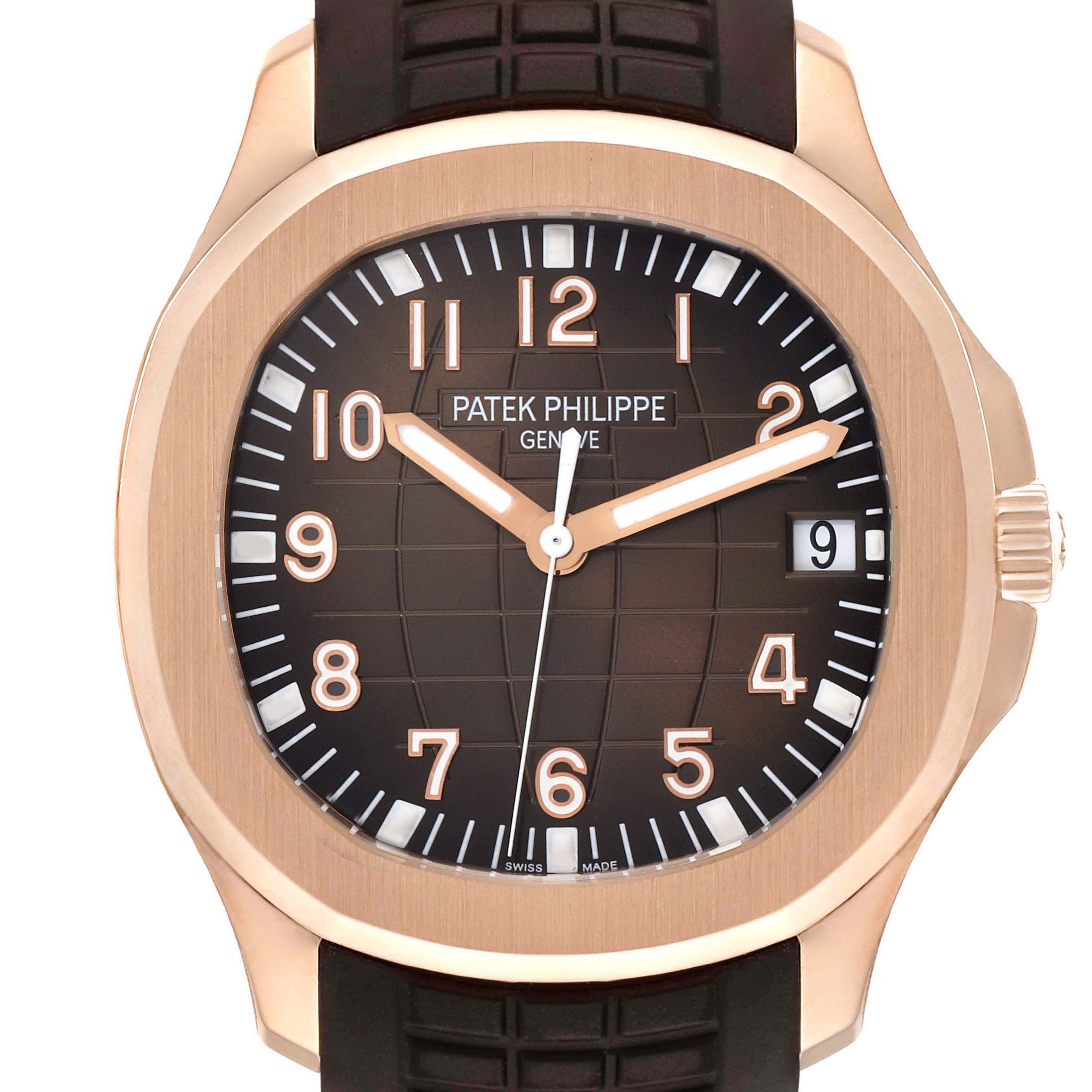 The Patek Philippe Aquanaut 5167R Men
s Rose Gold Brown Dial watch is shown from a front angle, displaying its dial, hands, date window, and part of the strap.