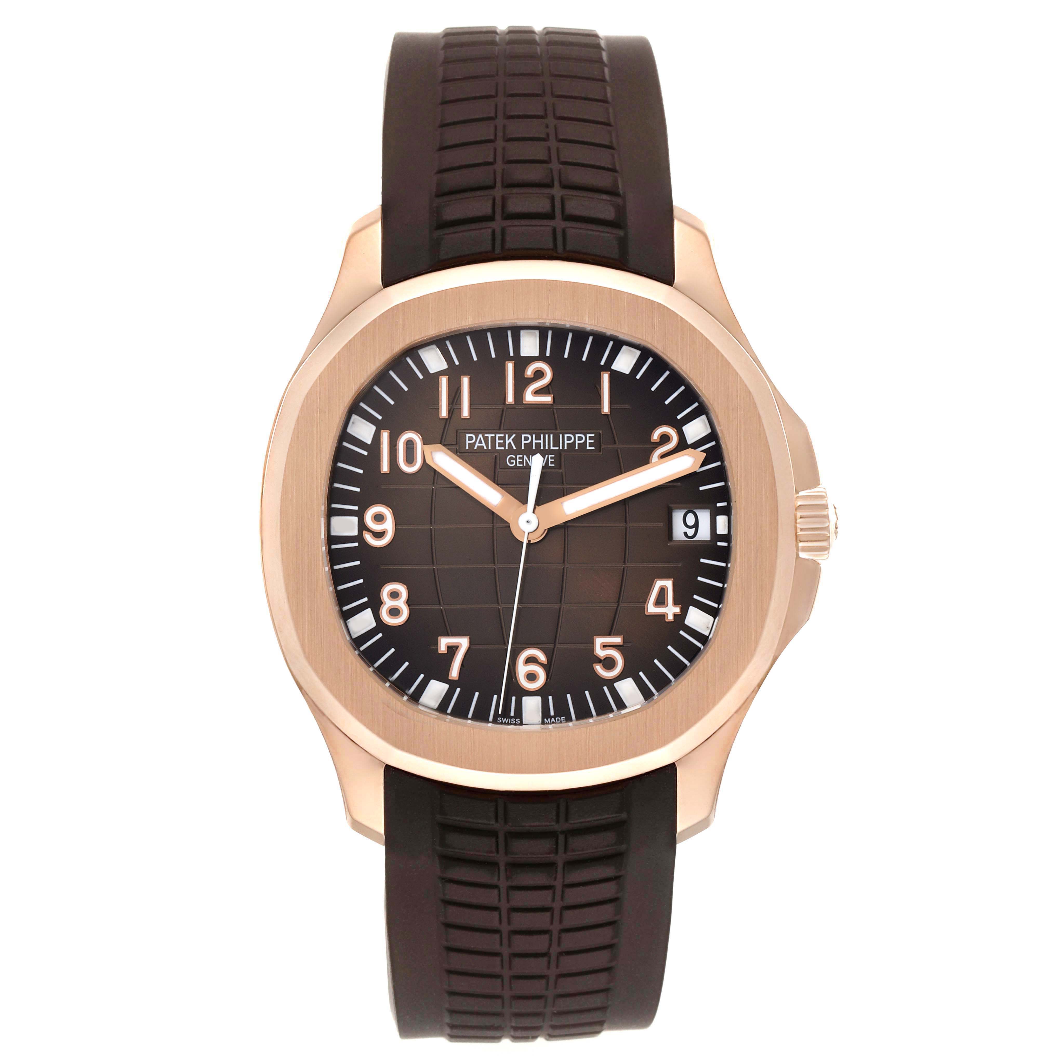 The Patek Philippe Aquanaut 5167R Men
s Rose Gold Brown Dial watch is shown from a front angle, displaying the dial, case, and black rubber strap.