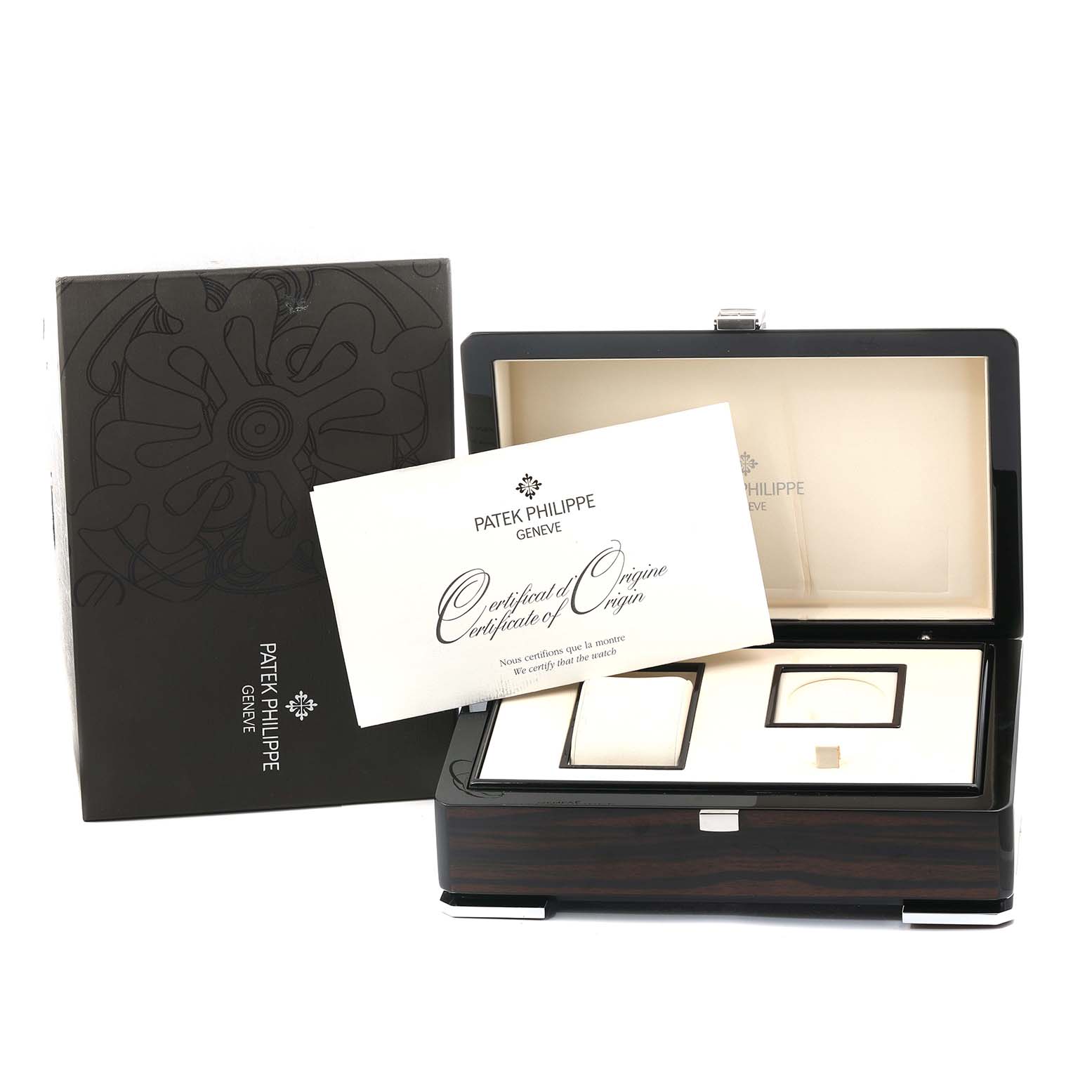 The image shows the packaging and certificate for a Patek Philippe Aquanaut 5167R Men
s Rose Gold Brown Dial watch.