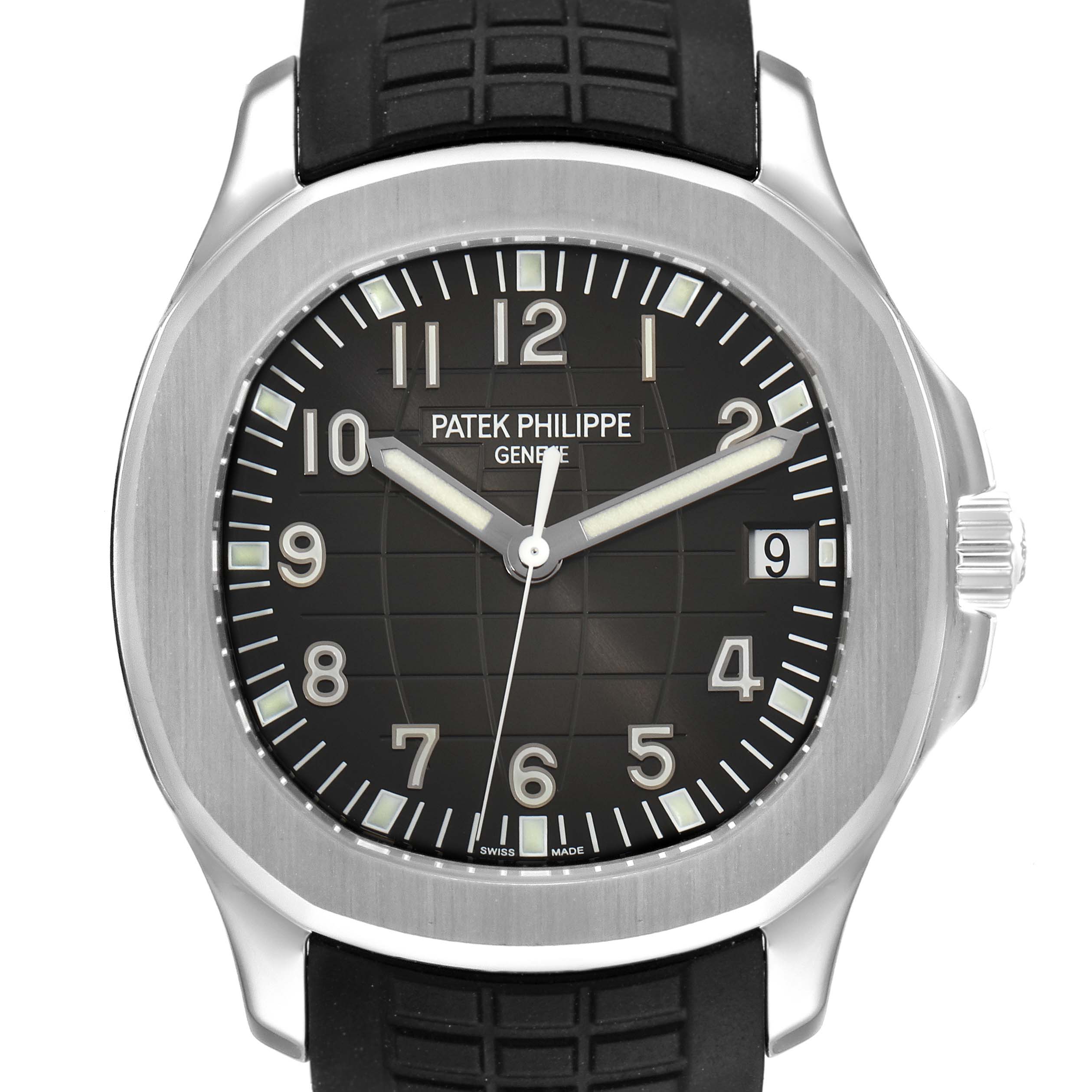 This image shows a front view of the dial and bezel of the Patek Philippe Aquanaut 5167A Men's Stainless Steel Black Dial 5167A Men's Stainless Steel Black Dial watch model.
