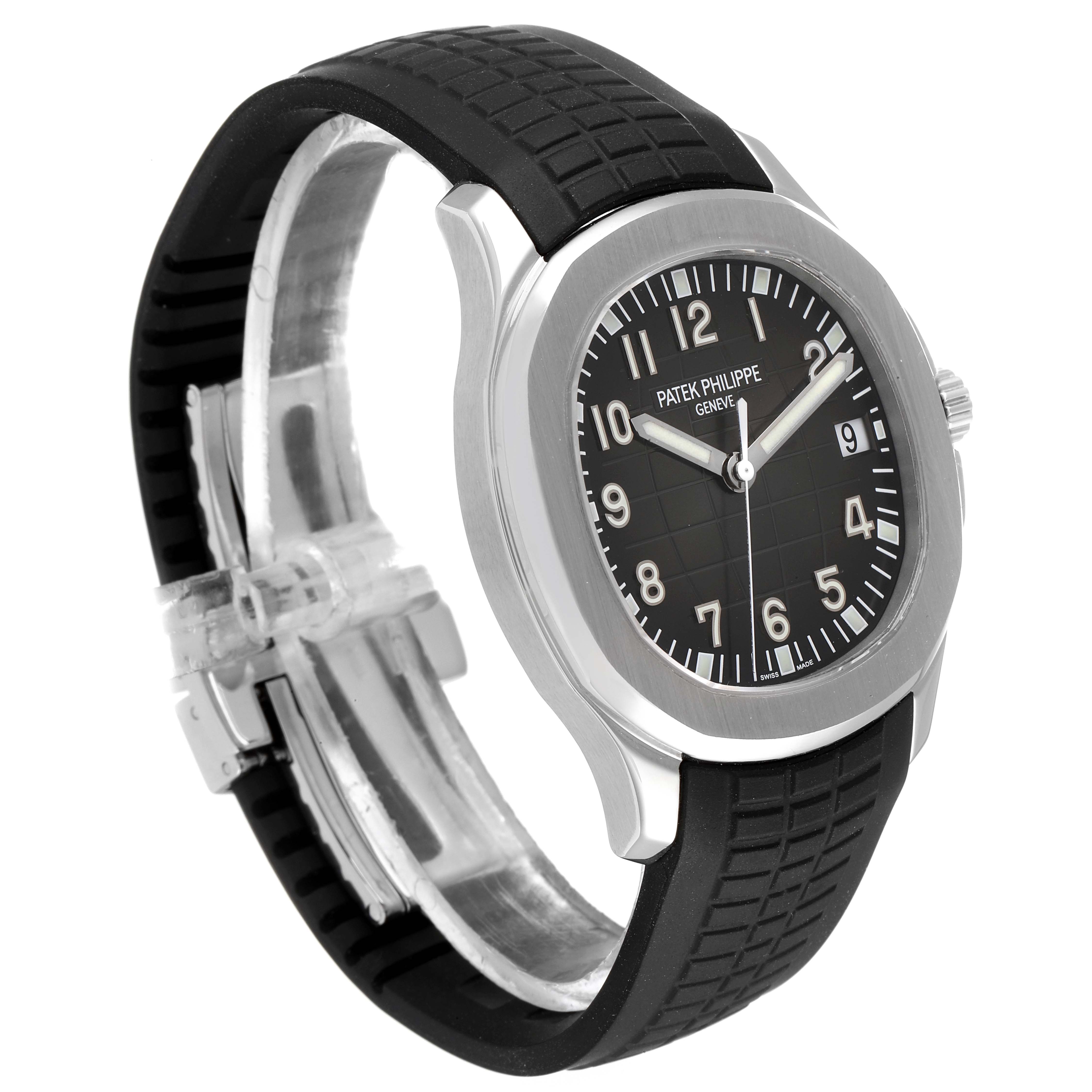 This image shows a side angle of the Patek Philippe Aquanaut 5167A Men's Stainless Steel Black Dial 5167A Men's Stainless Steel Black Dial watch, highlighting its black dial and textured black rubber strap.