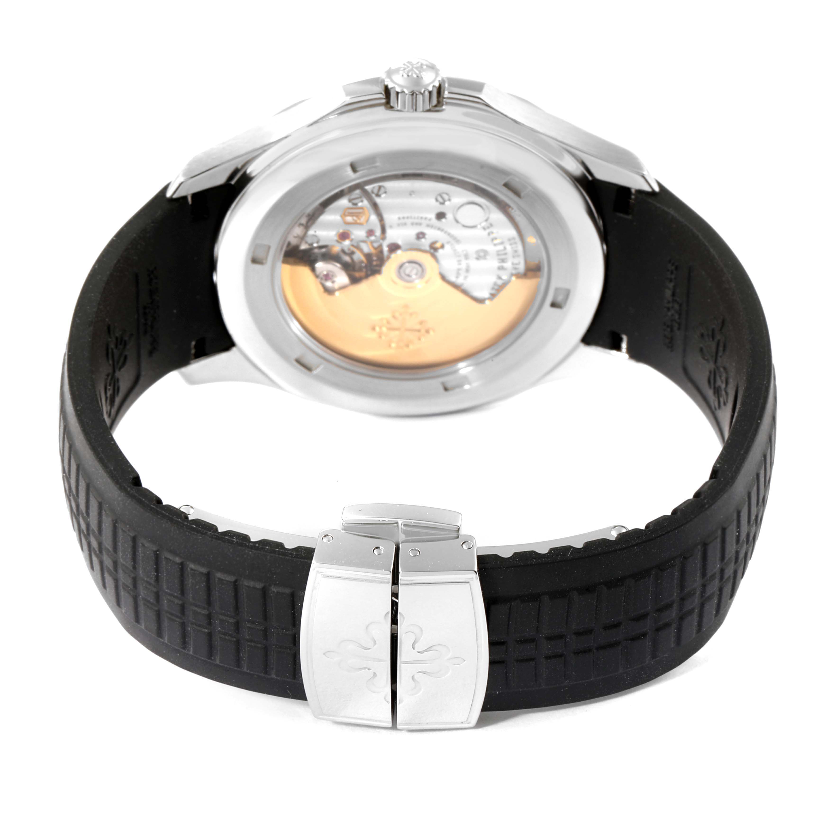 The image shows the back view of a Patek Philippe Aquanaut 5167A Men's Stainless Steel Black Dial 5167A Men's Stainless Steel Black Dial, focusing on the watch's movement and clasp.