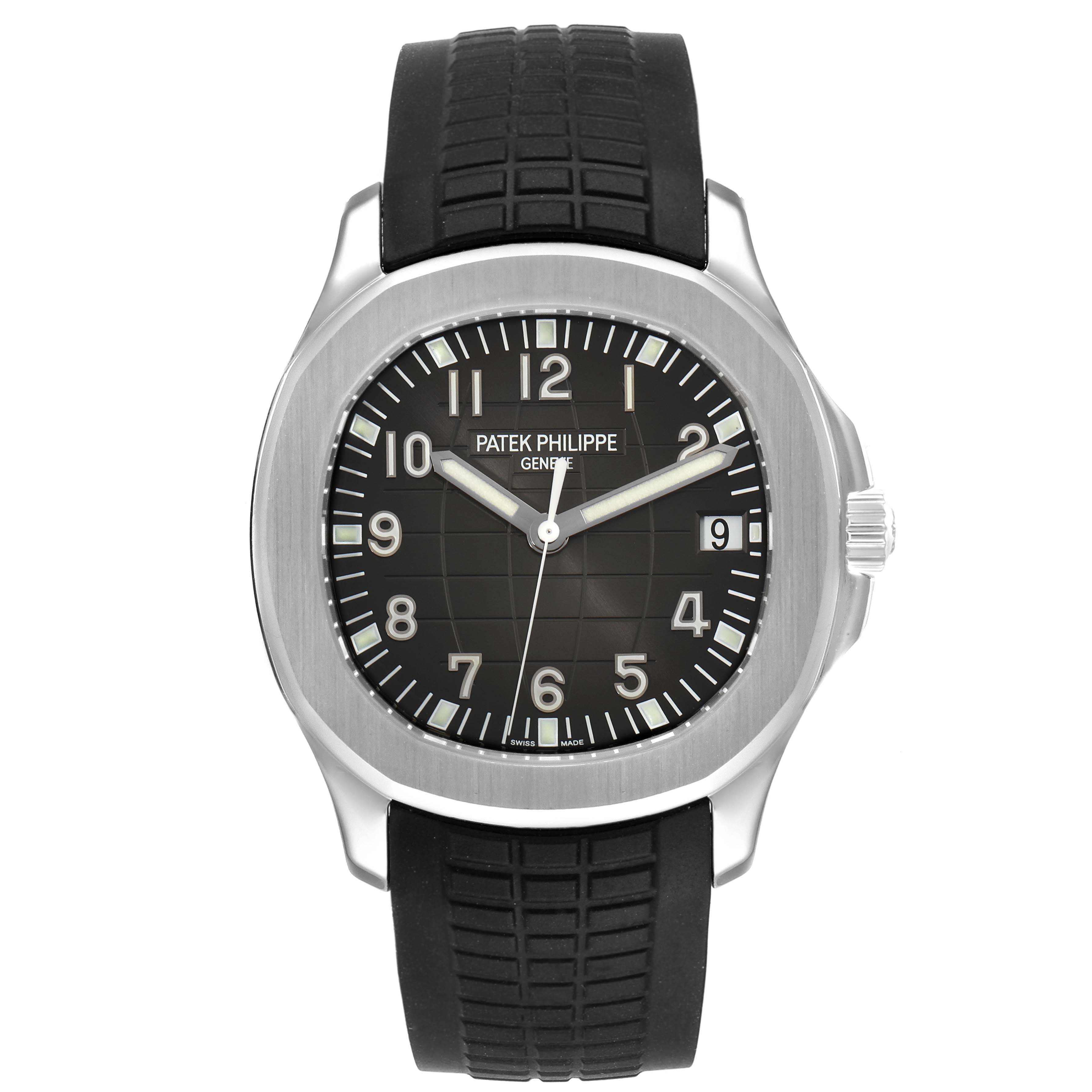 This image shows a front view of the Patek Philippe Aquanaut 5167A Men's Stainless Steel Black Dial 5167A Men's Stainless Steel Black Dial watch, highlighting the dial, bezel, rubber strap, and crown.