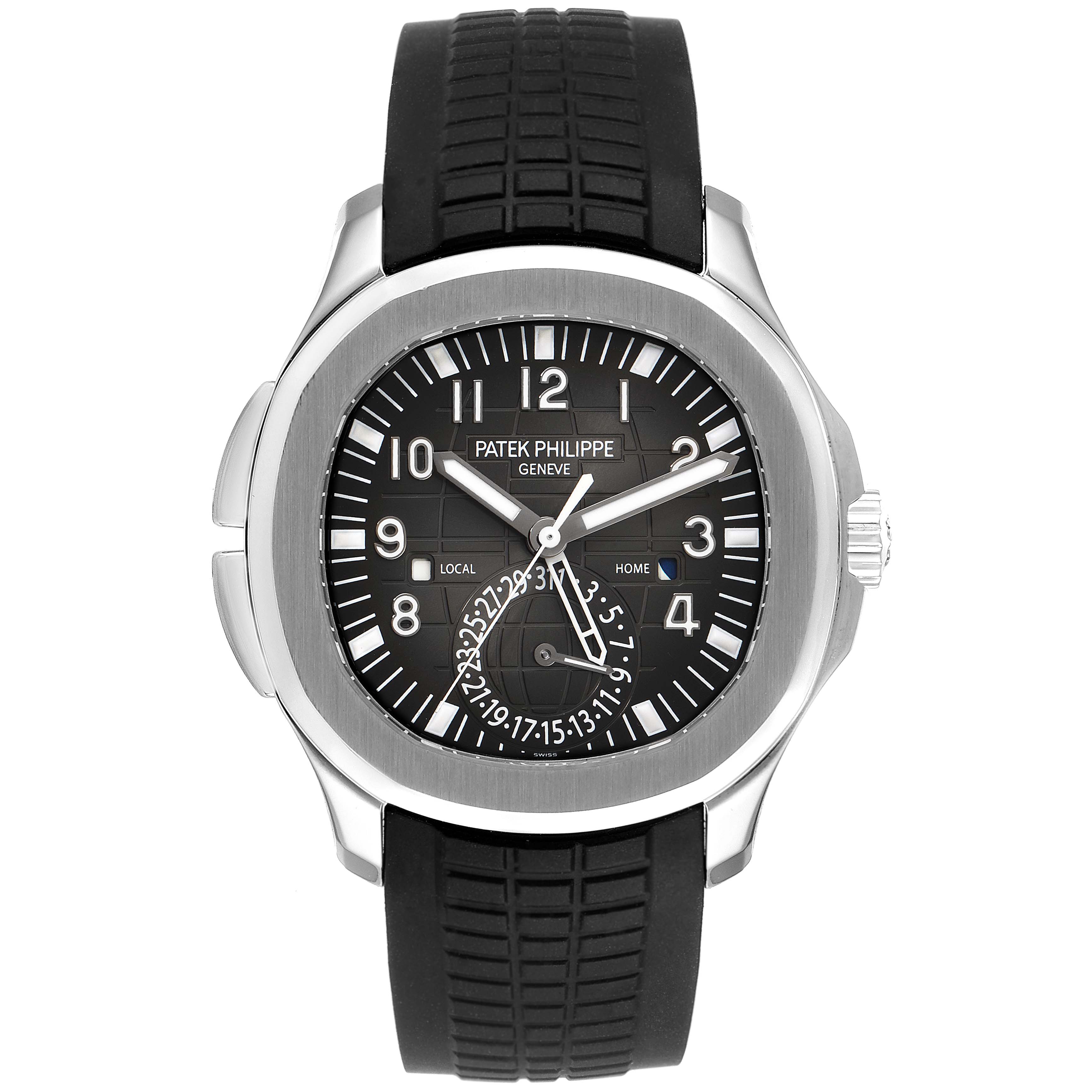 The image shows a front view of a Patek Philippe Aquanaut 5164A Men's Stainless Steel Black Dial 5164A Men's Stainless Steel Black Dial watch with a black dial and rubber strap.