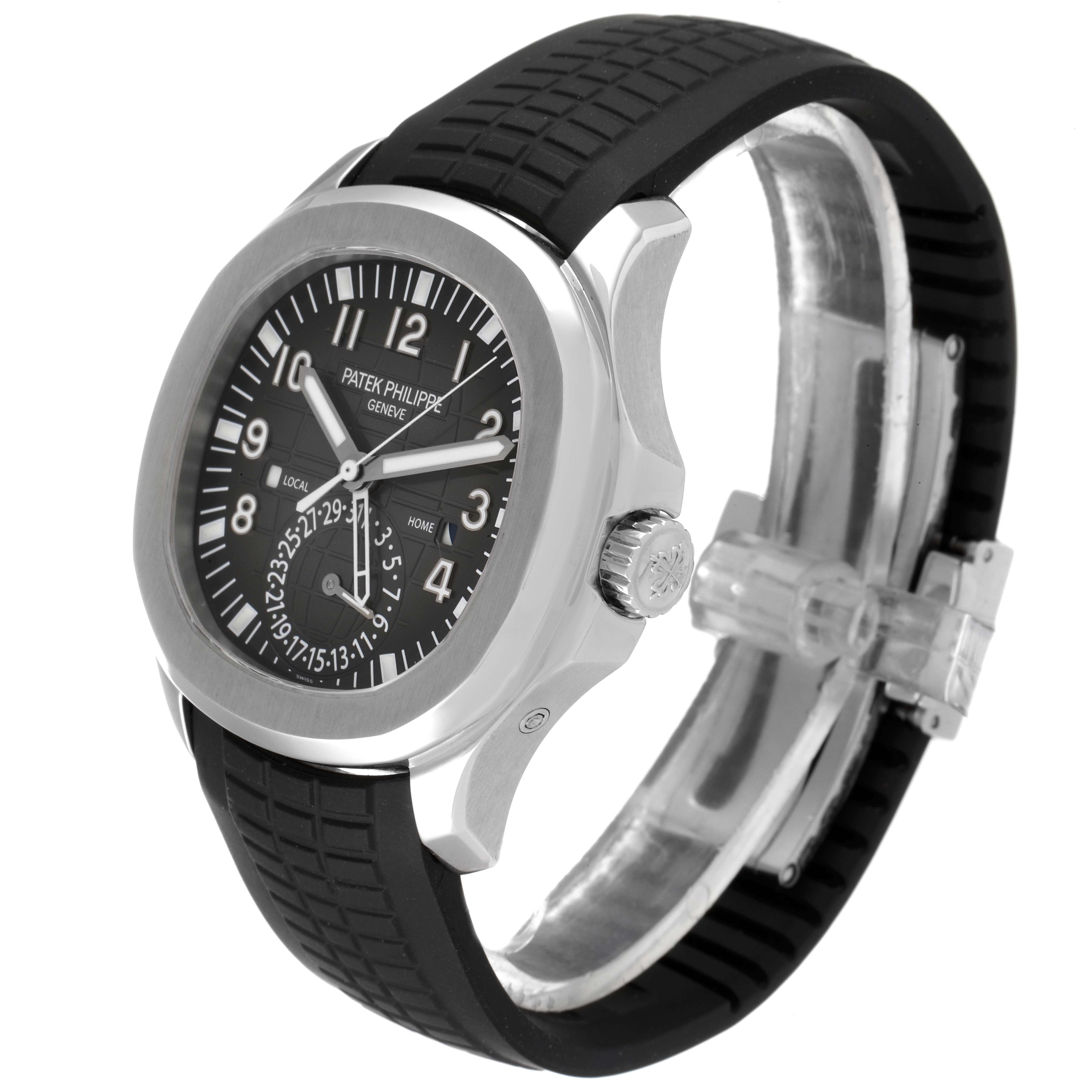 The image shows a side angle view of the Patek Philippe Aquanaut 5164A Men's Stainless Steel Black Dial 5164A Men's Stainless Steel Black Dial watch, displaying its face, crown, and rubber strap.