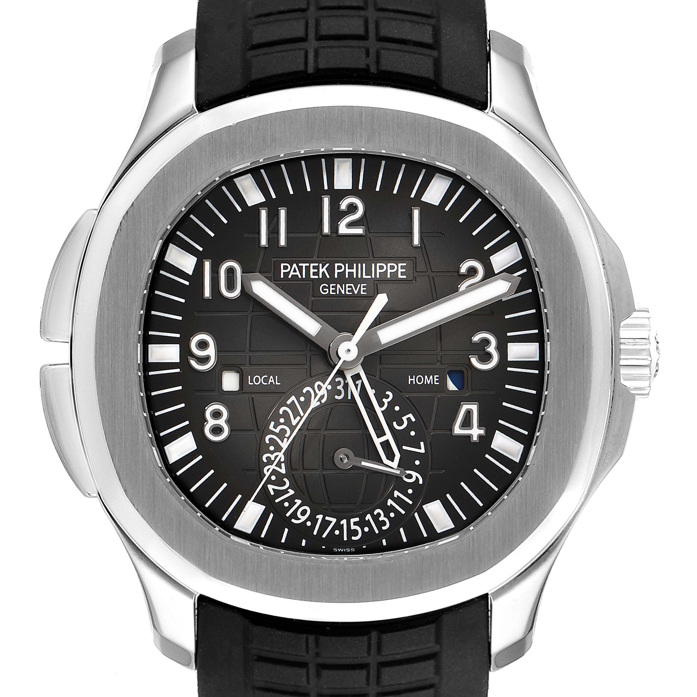 The image shows a front view of the Patek Philippe Aquanaut 5164A Men's Stainless Steel Black Dial 5164A Men's Stainless Steel Black Dial watch with its face, hands, and bezel visible.