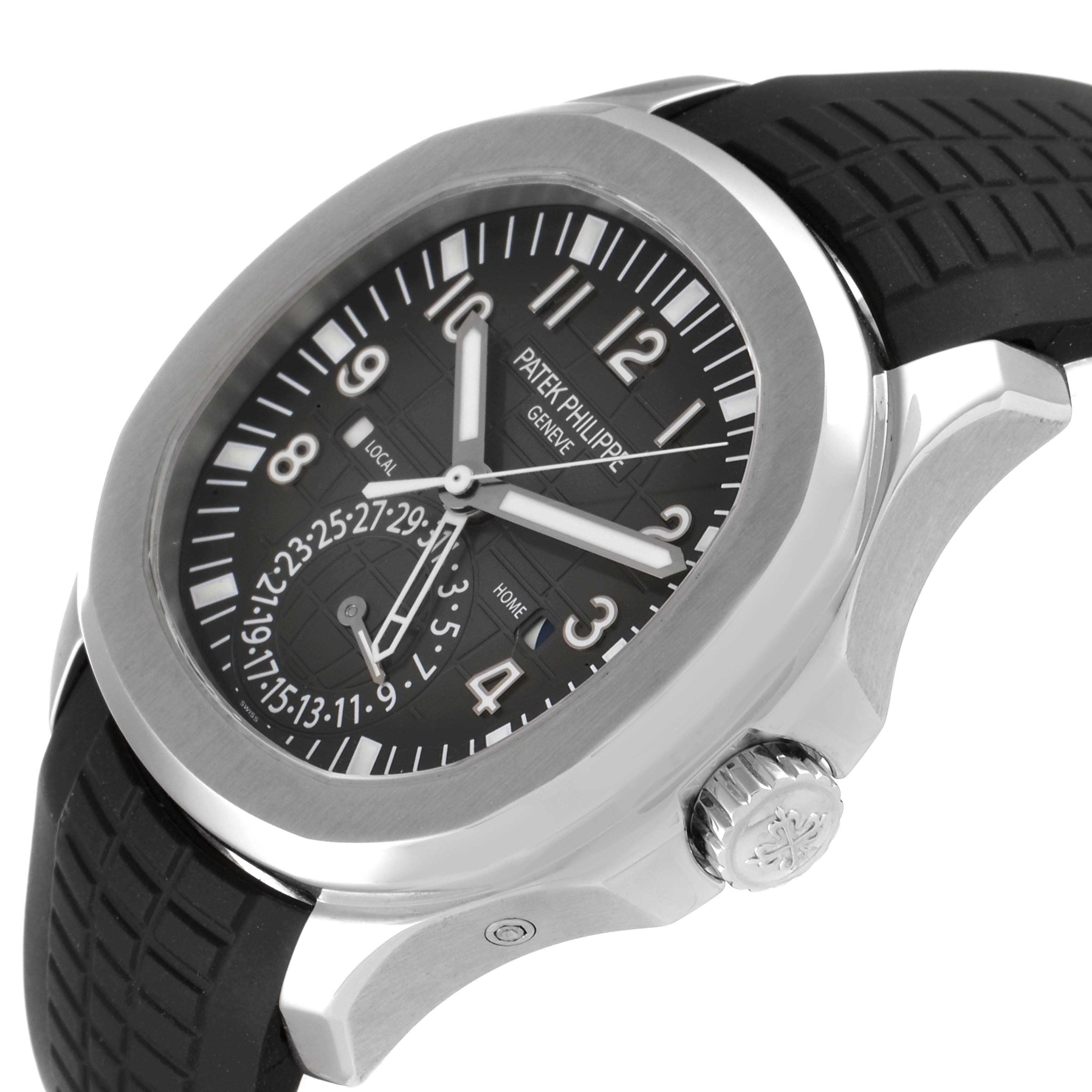 This image shows a Patek Philippe Aquanaut 5164A Men's Stainless Steel Black Dial 5164A Men's Stainless Steel Black Dial watch from an angled side view, highlighting the dial, bezel, case, and crown.