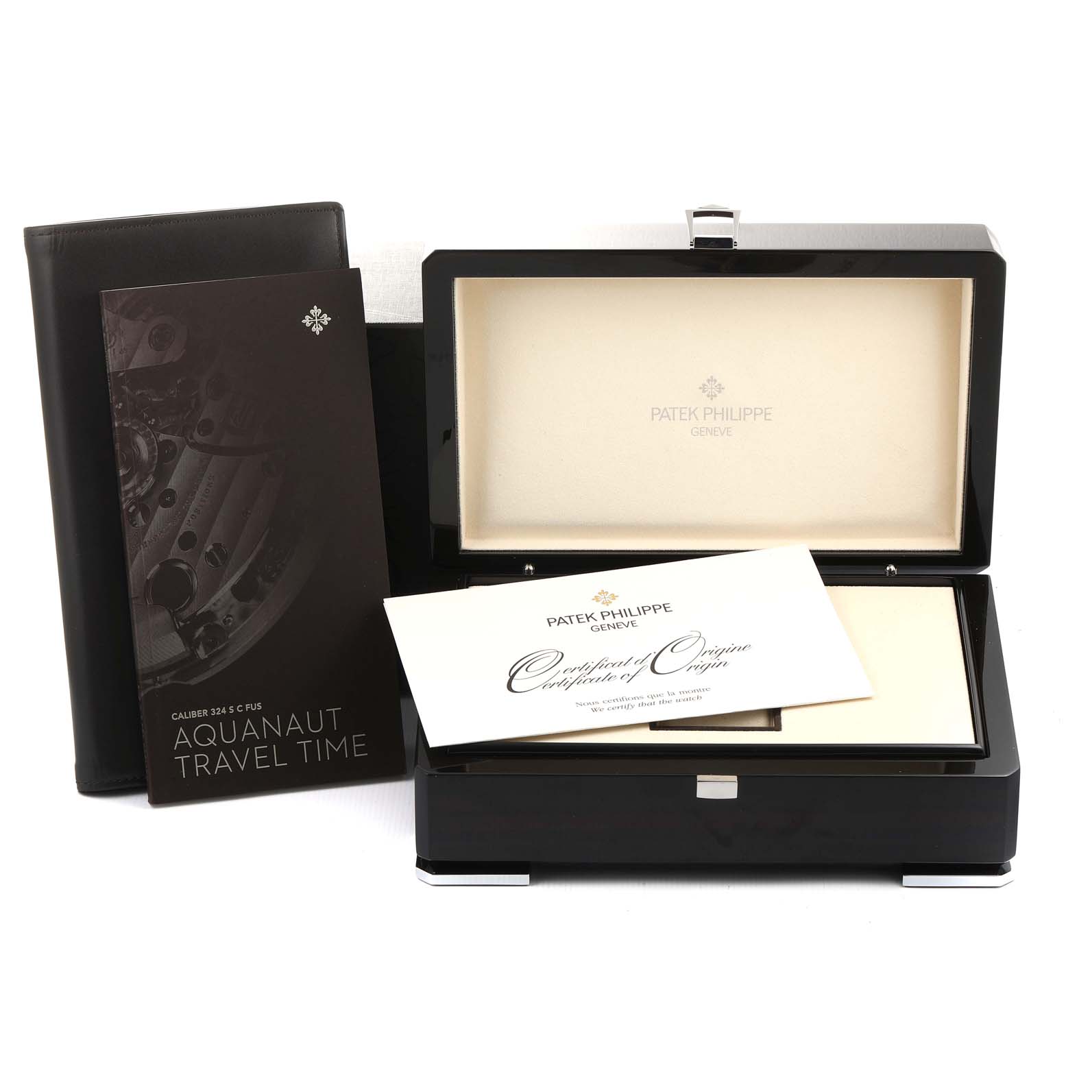 The image shows the packaging and documentation, including the box and certificate, for a Patek Philippe Aquanaut 5164A Men's Stainless Steel Black Dial 5164A Men's Stainless Steel Black Dial watch.
