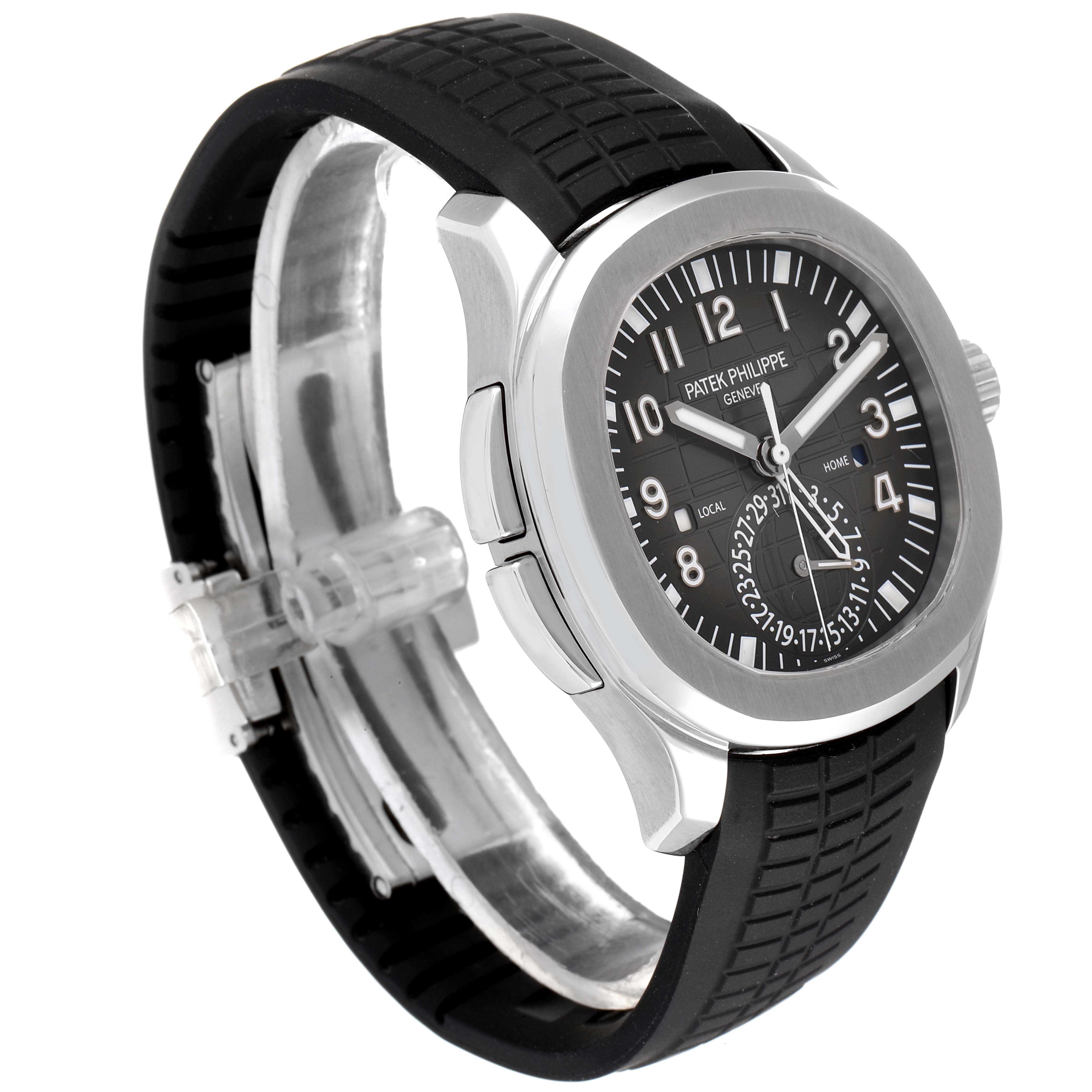 The image shows a Patek Philippe Aquanaut 5164A Men's Stainless Steel Black Dial 5164A Men's Stainless Steel Black Dial watch from a side angle, highlighting its dial, case, and rubber strap.