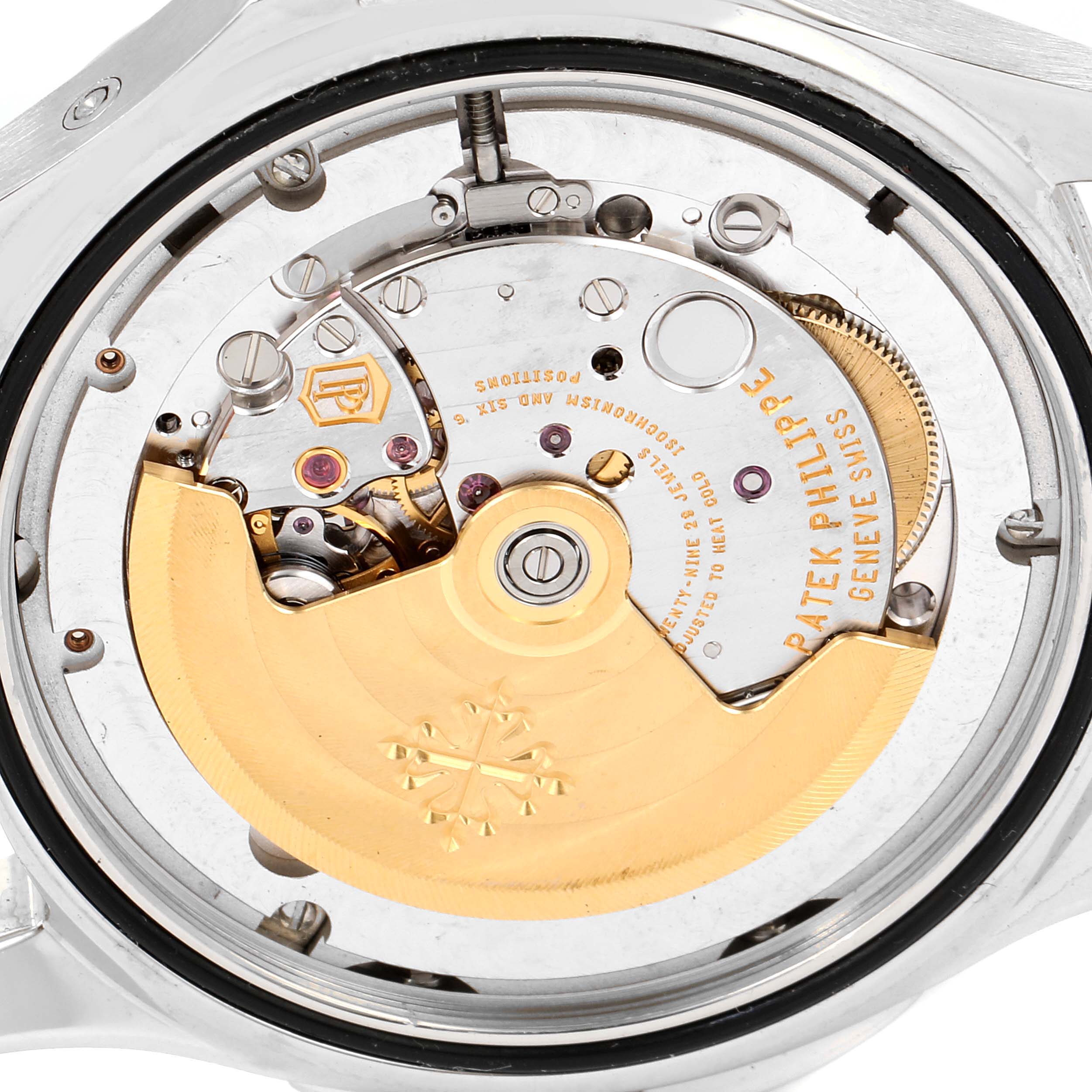 This image shows the movement and internal mechanism of a Patek Philippe Aquanaut 5164A Men's Stainless Steel Black Dial 5164A Men's Stainless Steel Black Dial watch, viewed from the back.