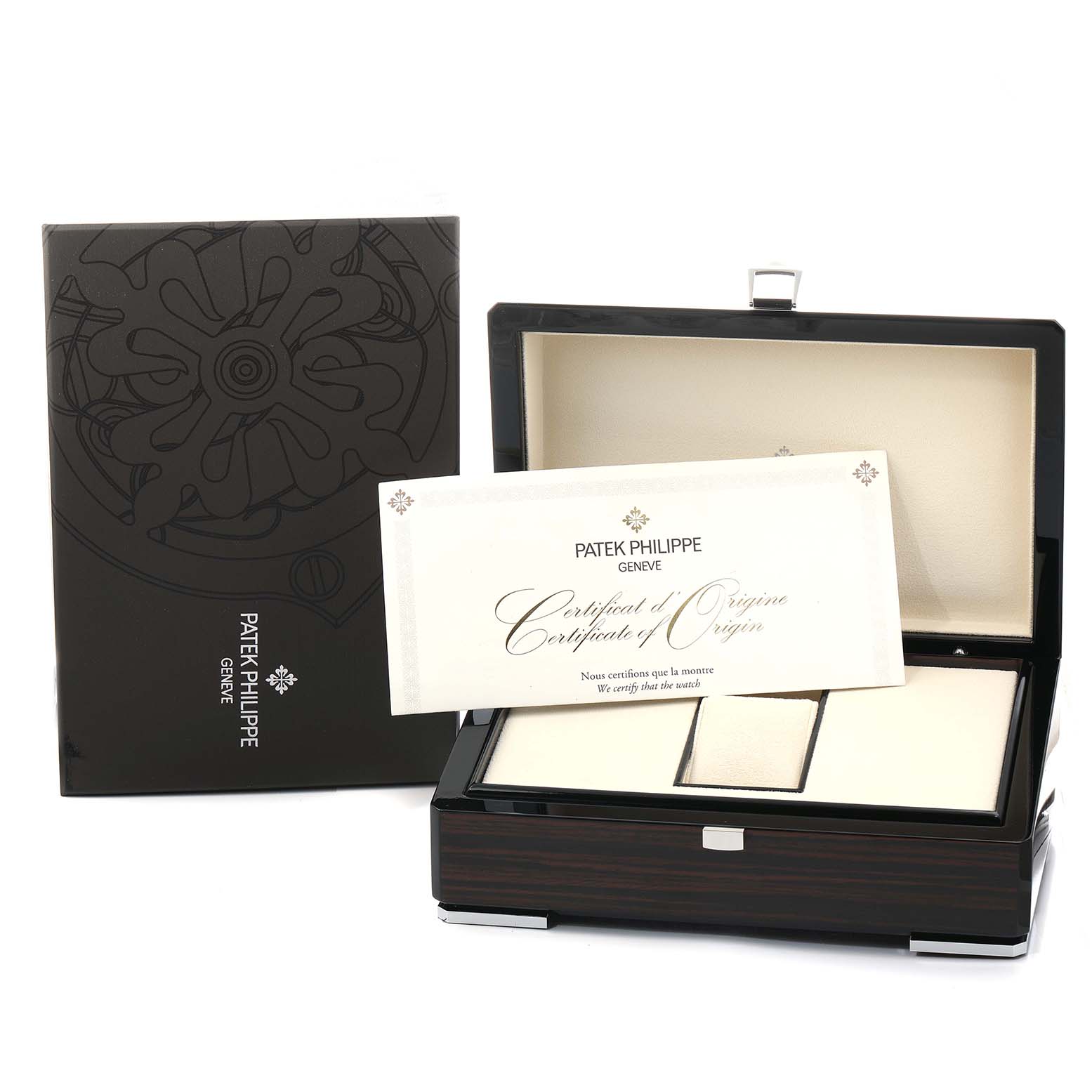 The image shows the Patek Philippe Complications 5396R Men
s Rose Gold Blue Dial watch box, certificate, and packaging, viewed from the front.