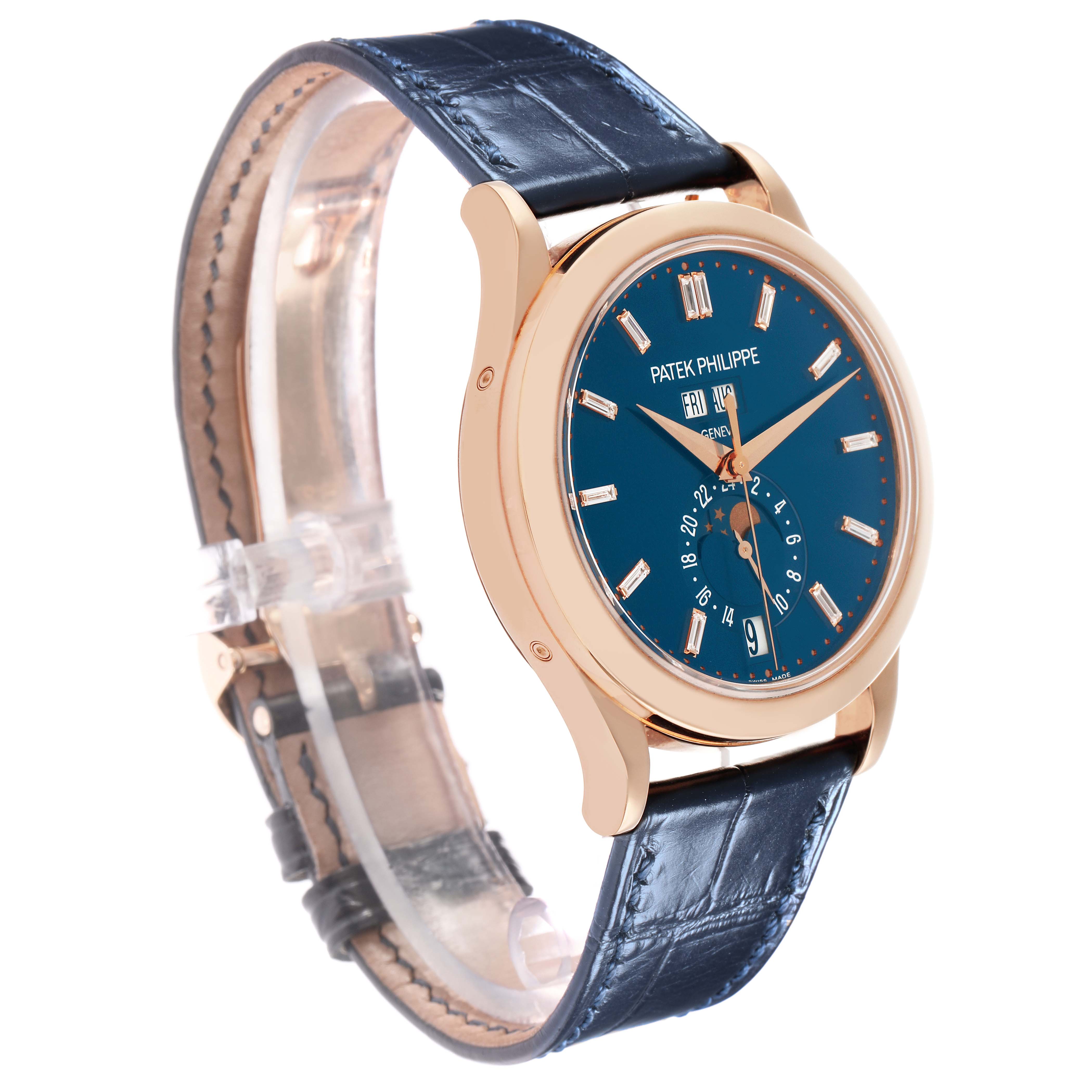 The Patek Philippe Complications 5396R Men
s Rose Gold Blue Dial watch is shown at a three-quarter angle, highlighting the face, crown, and leather strap.