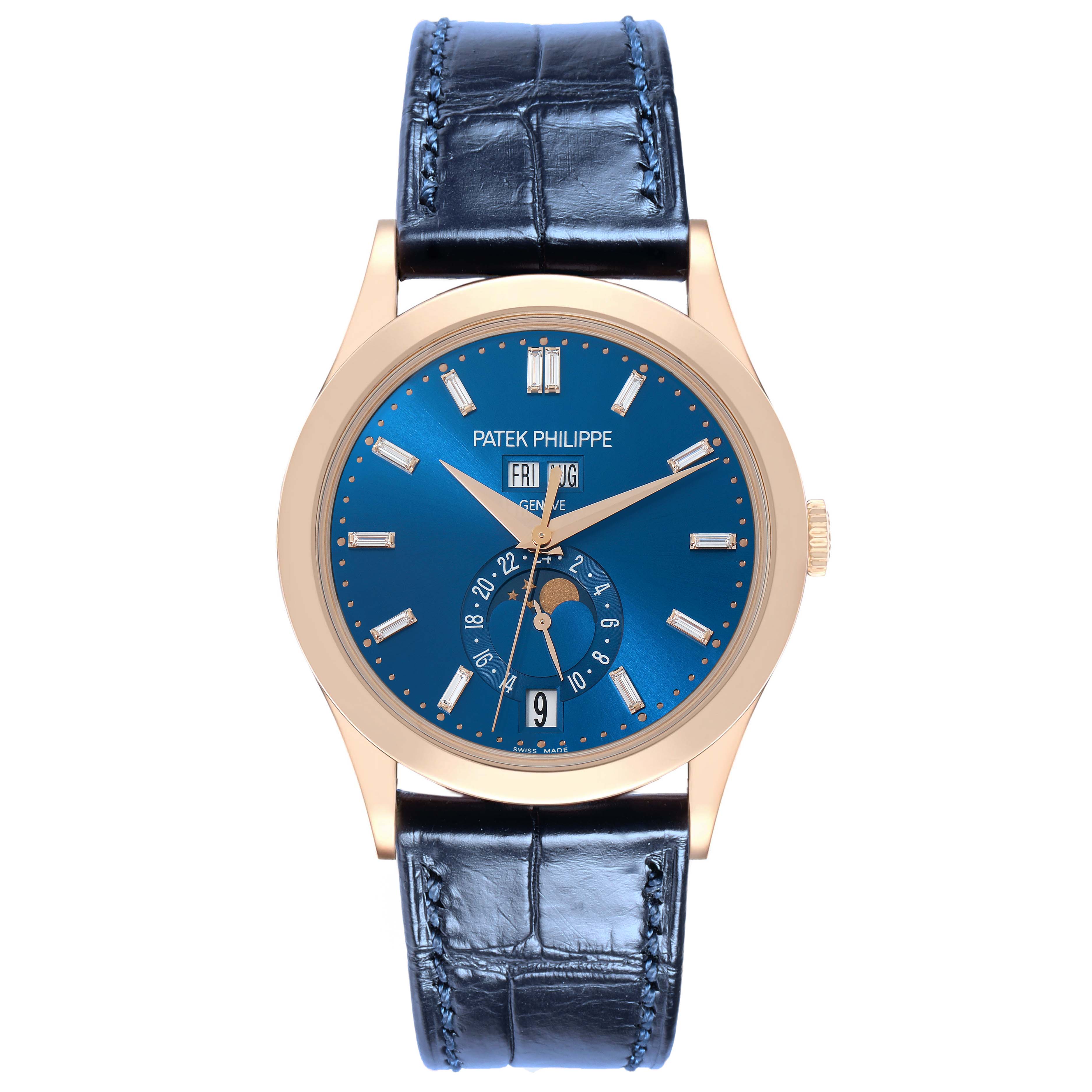The Patek Philippe Complications 5396R Men
s Rose Gold Blue Dial watch is shown from the front, highlighting its blue dial, gold case, and leather strap.