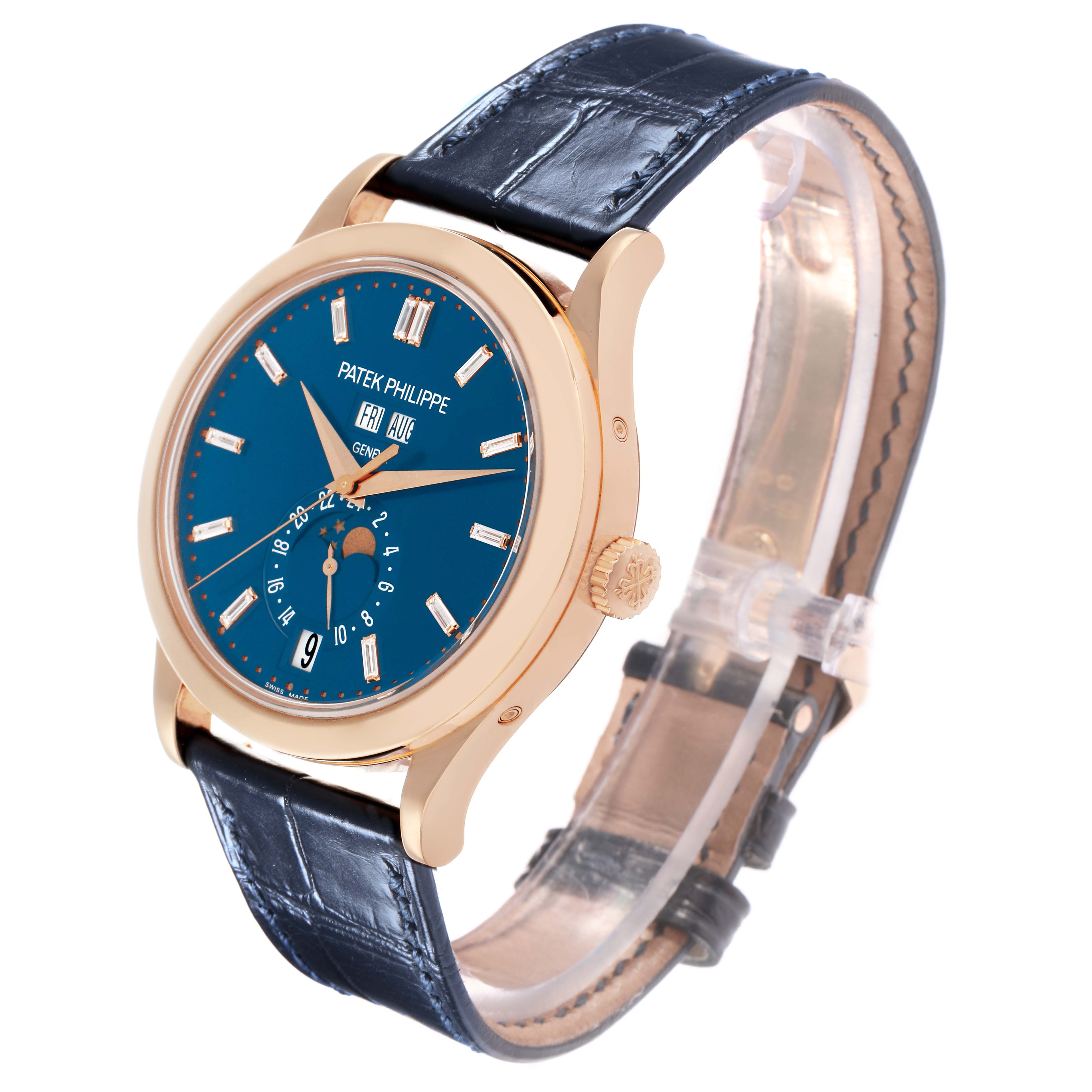 The Patek Philippe Complications 5396R Men
s Rose Gold Blue Dial watch is shown at a three-quarter angle, highlighting the dial, strap, and crown.