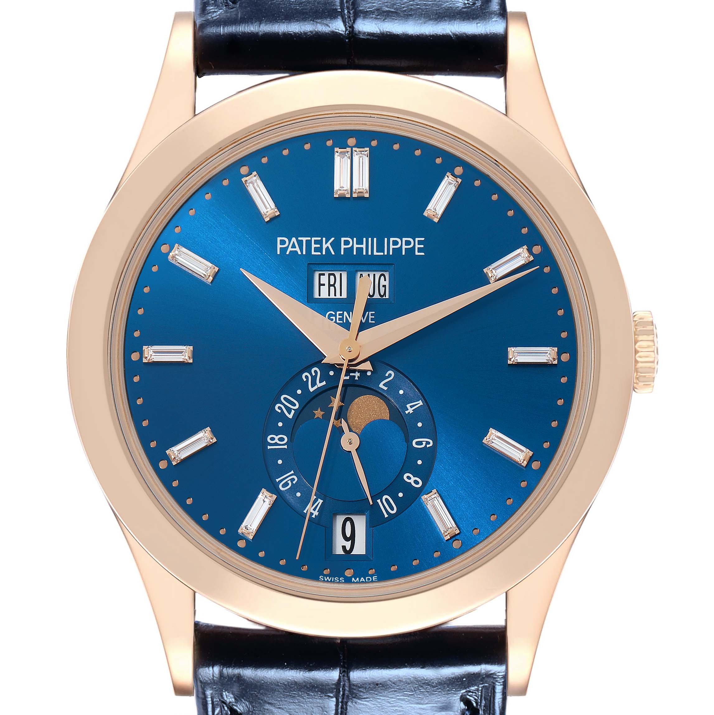 The Patek Philippe Complications 5396R Men
s Rose Gold Blue Dial watch is shown from a front angle, displaying its blue dial, date sub-dial, and moon phase.