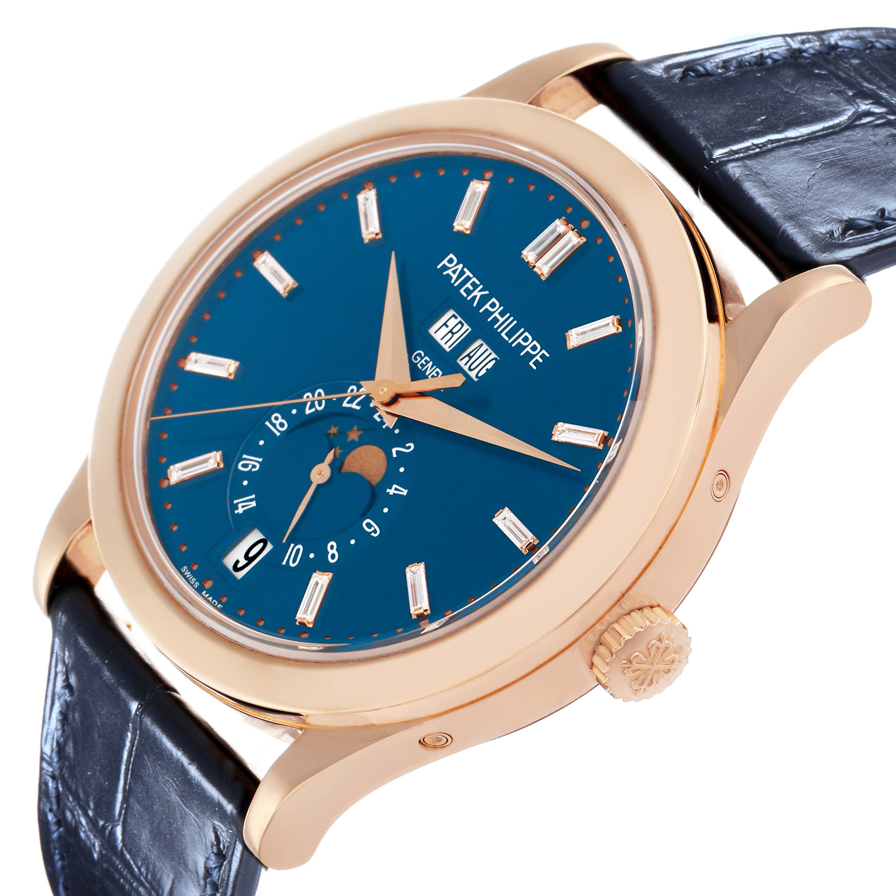 The watch is shown at an angle highlighting the face, crown, and part of the strap, featuring the Patek Philippe Complications 5396R Men
s Rose Gold Blue Dial model.