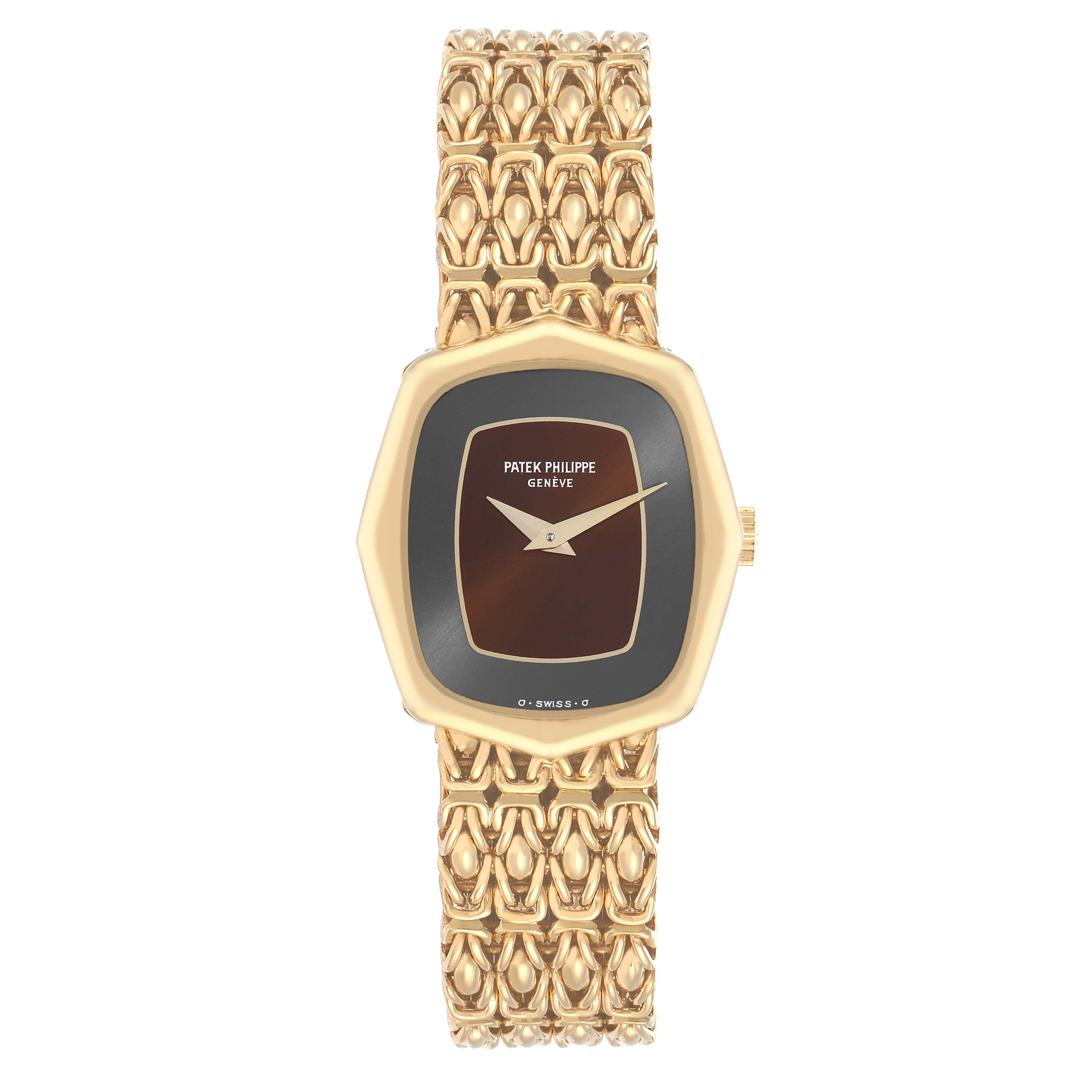 The Patek Philippe Vintage 4460J Women's Yellow Gold Black Dial watch is shown from the front, displaying its unique geometric case and intricate bracelet design.