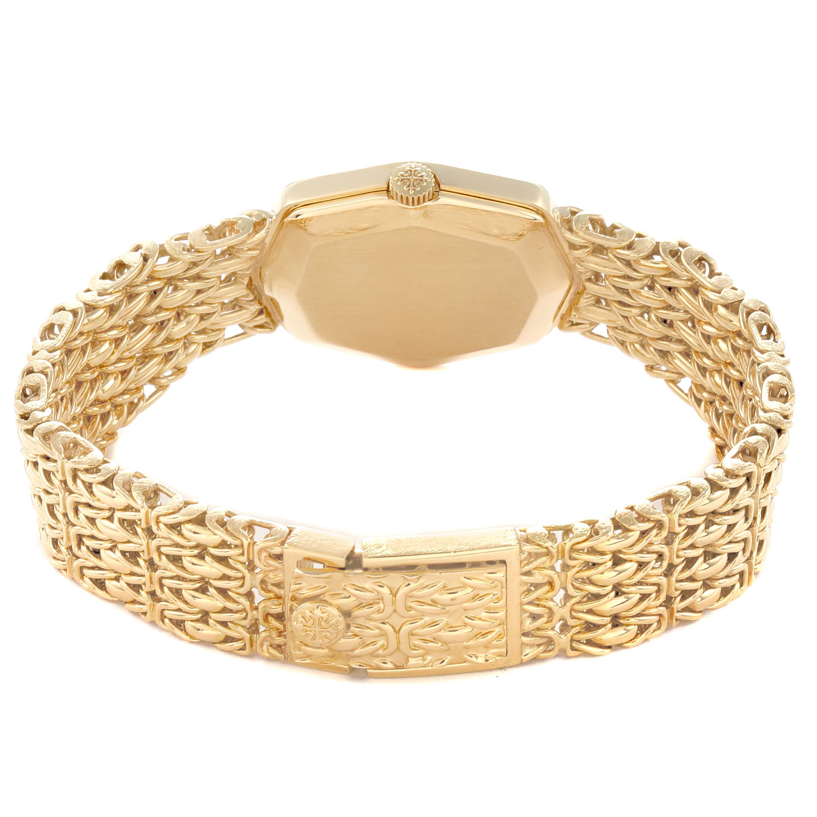 The image shows the back view of a Vintage model Patek Philippe watch, highlighting the clasp and bracelet.