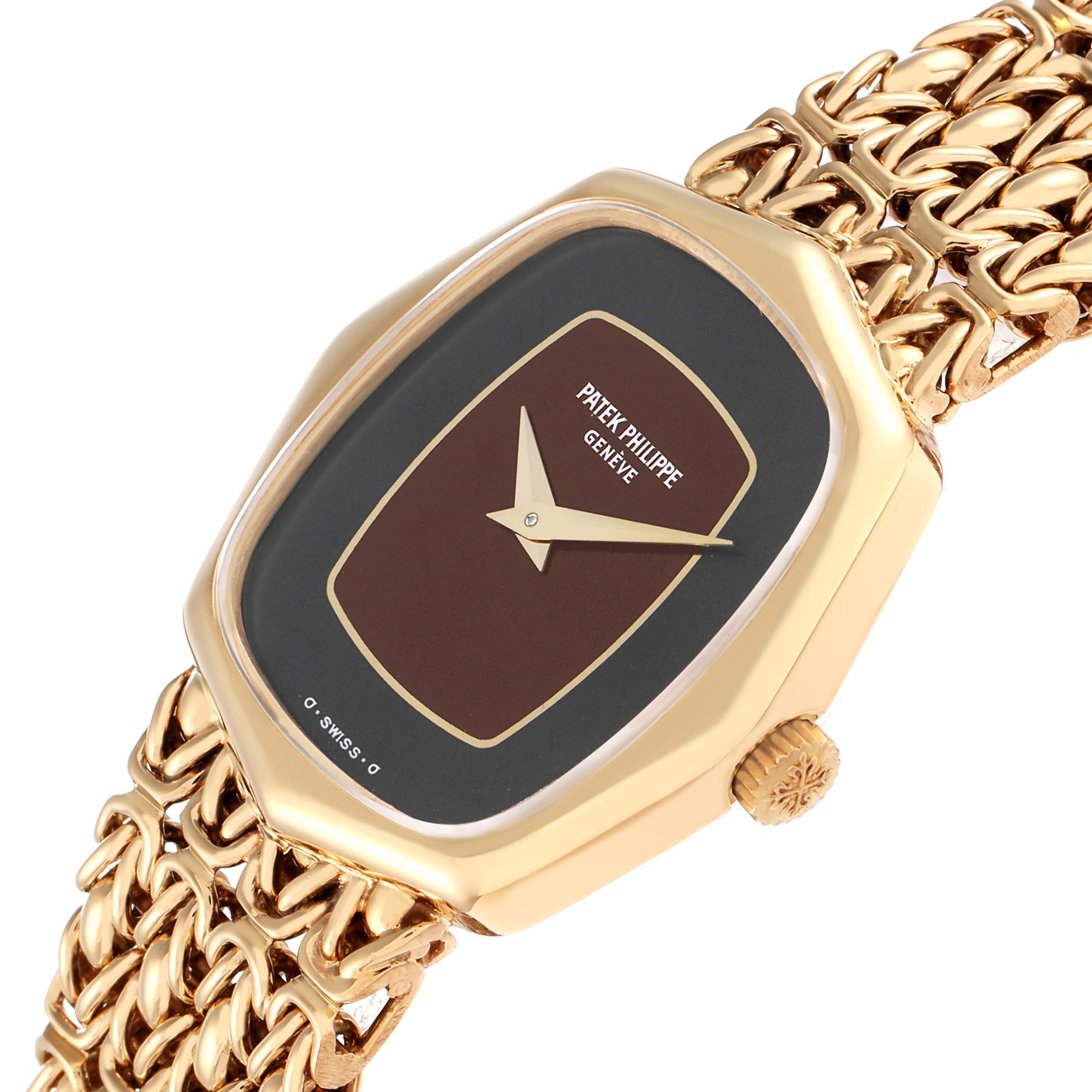 The Vintage Patek Philippe watch is shown at an angled side view, highlighting its brown dial, gold case, and intricate gold bracelet.