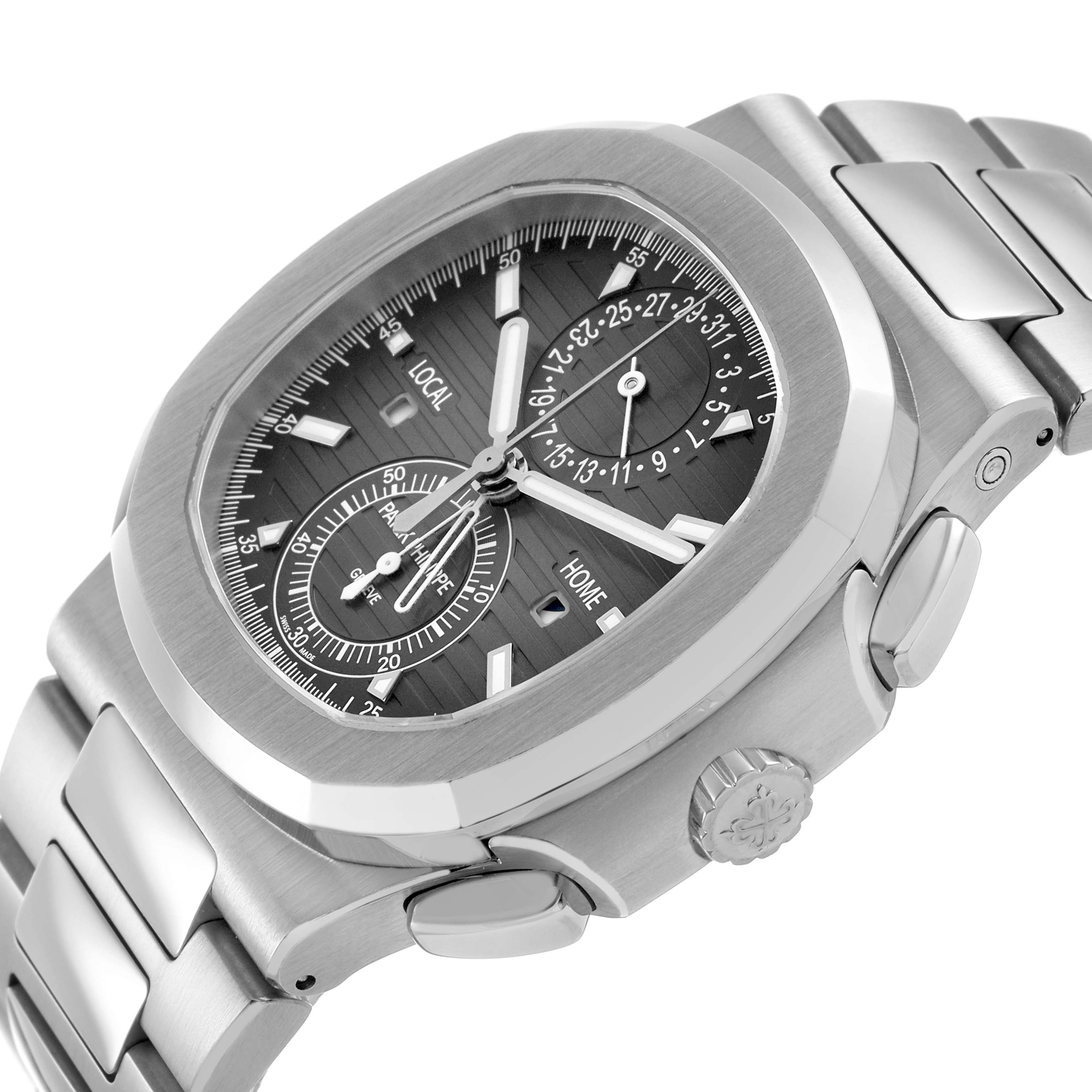 The Patek Philippe Nautilus 5990/1A-001 Men's Stainless Steel Grey Dial watch is shown at an angle highlighting its case, bracelet, crown, and detailed dial with subdials.